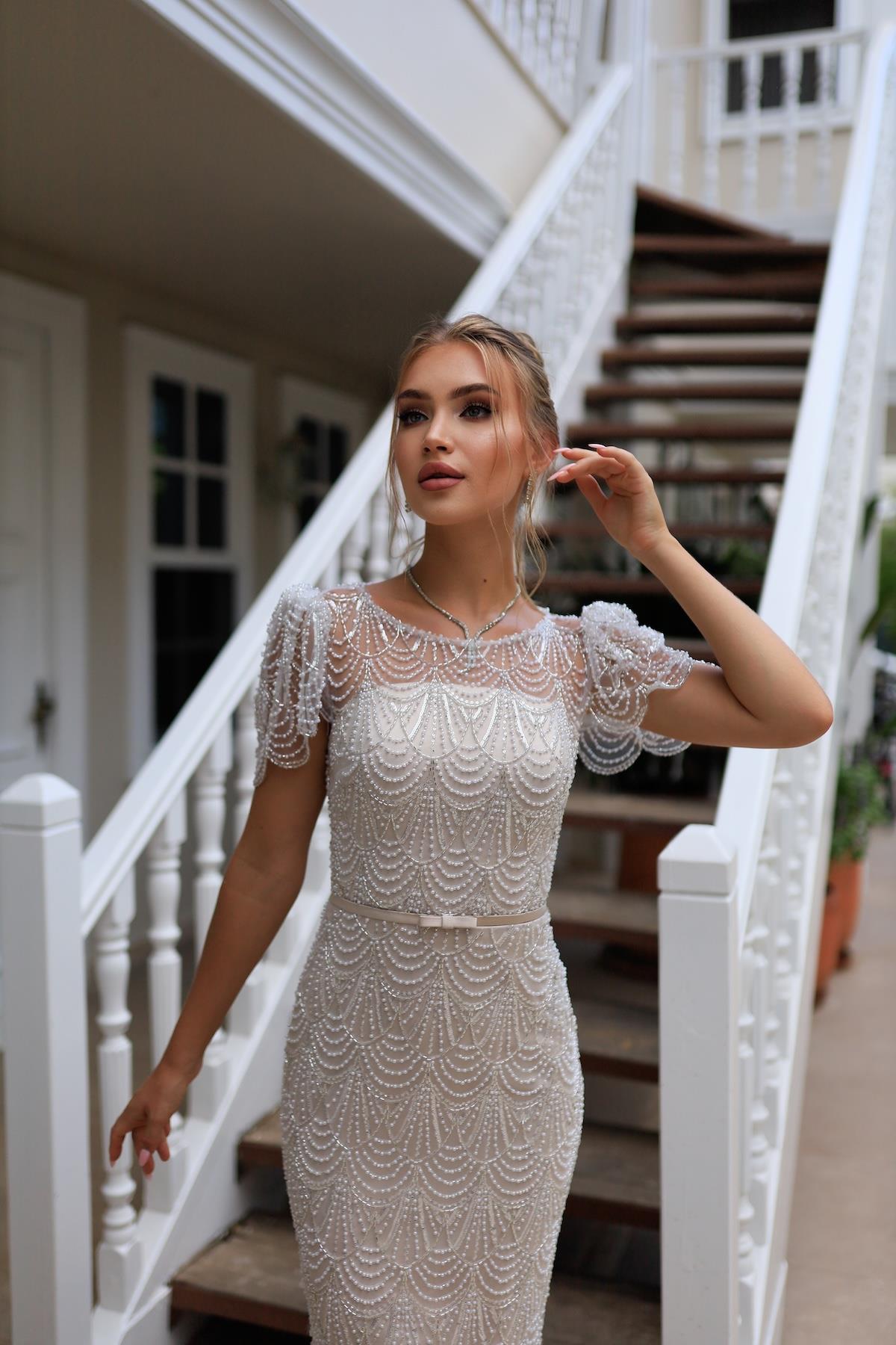 Bianca Bej Beyaz Dantel Özel Tasarım Abiye Elbise