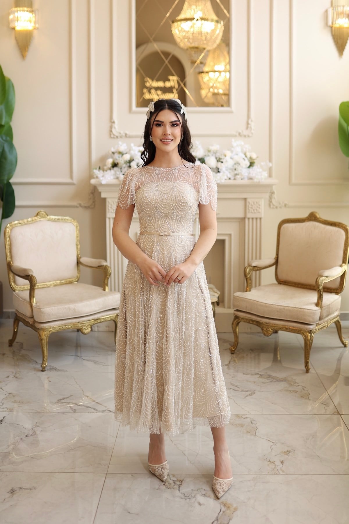 Bianca Prenses Bej Dantel Özel Tasarım Abiye Elbise