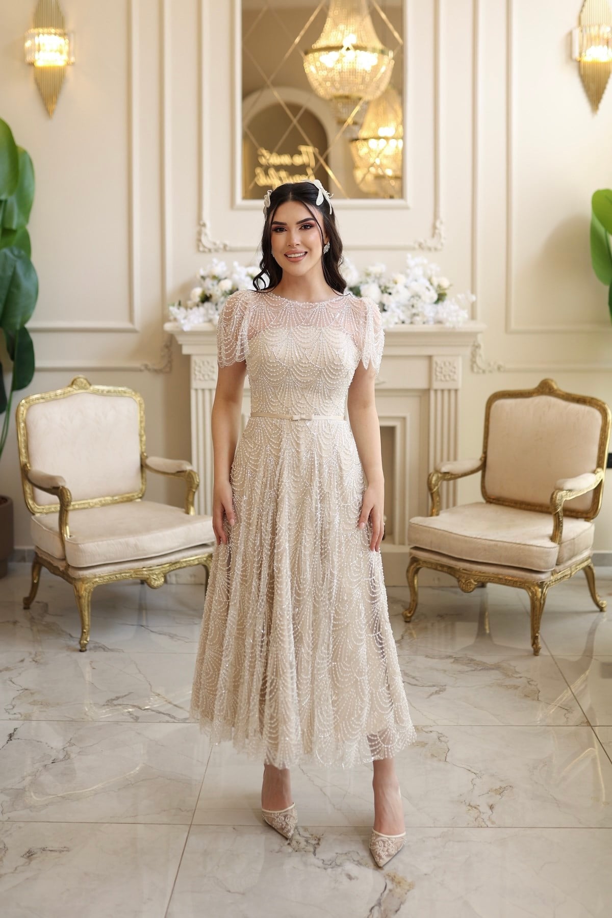 Bianca Prenses Bej Dantel Özel Tasarım Abiye Elbise