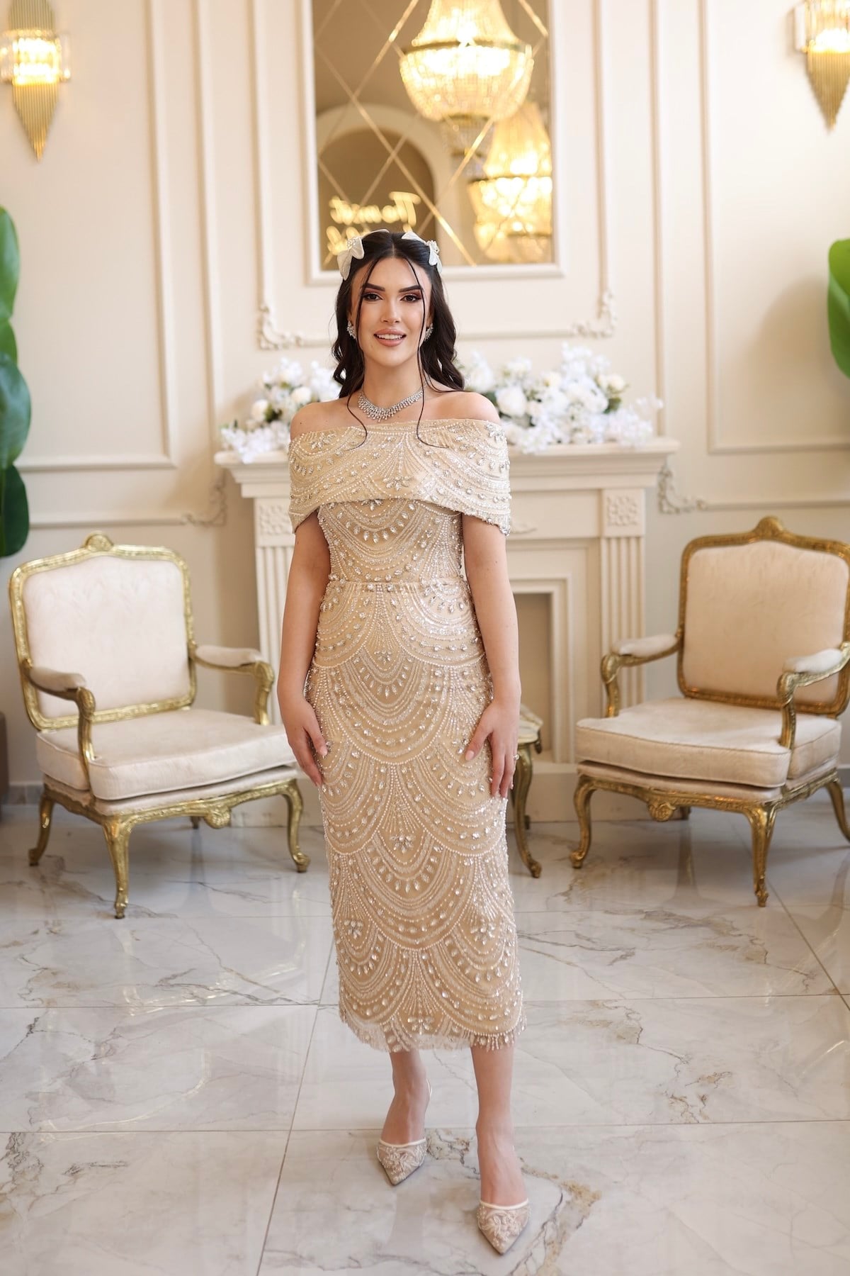 Blair Bej Bolero Taşlı Özel Tasarım Elbise
