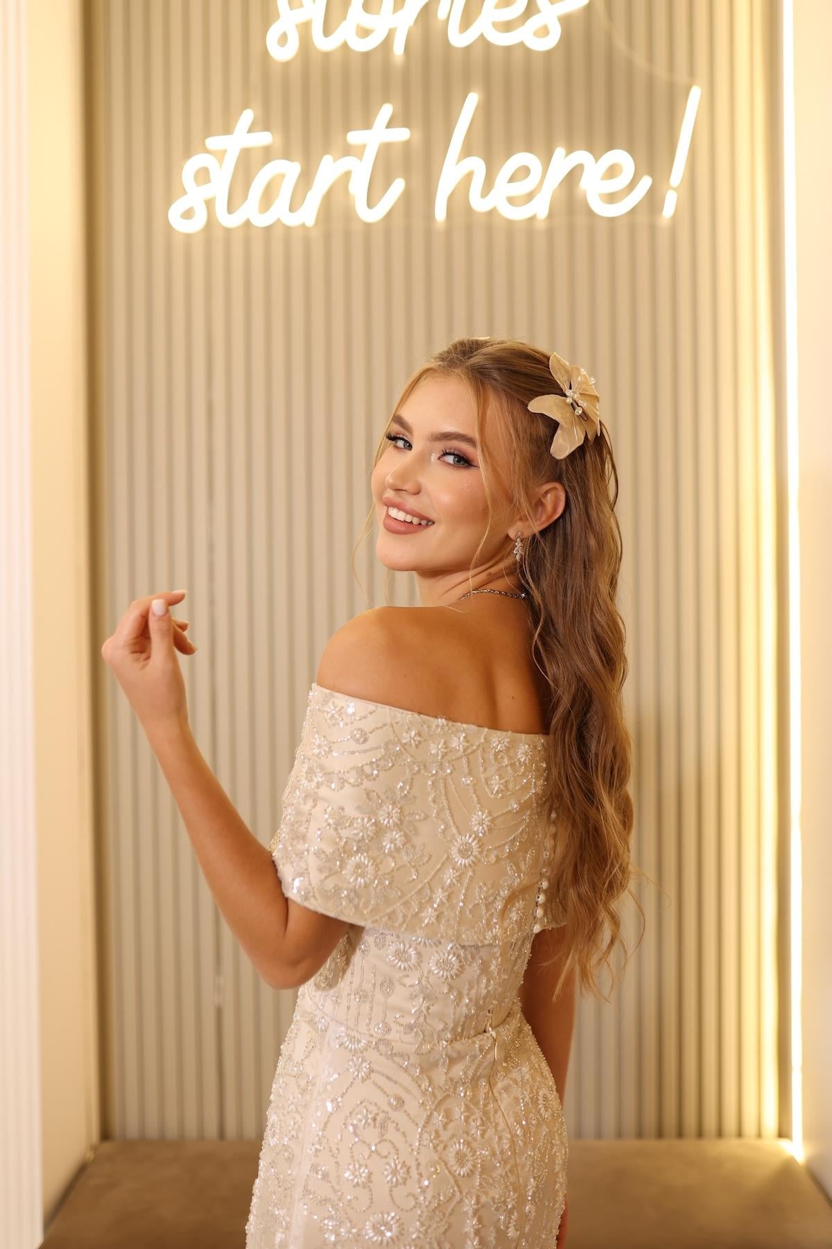 Diana Saten Bolero Beyaz Çiçekli Nişan Nikah Davet Elbise