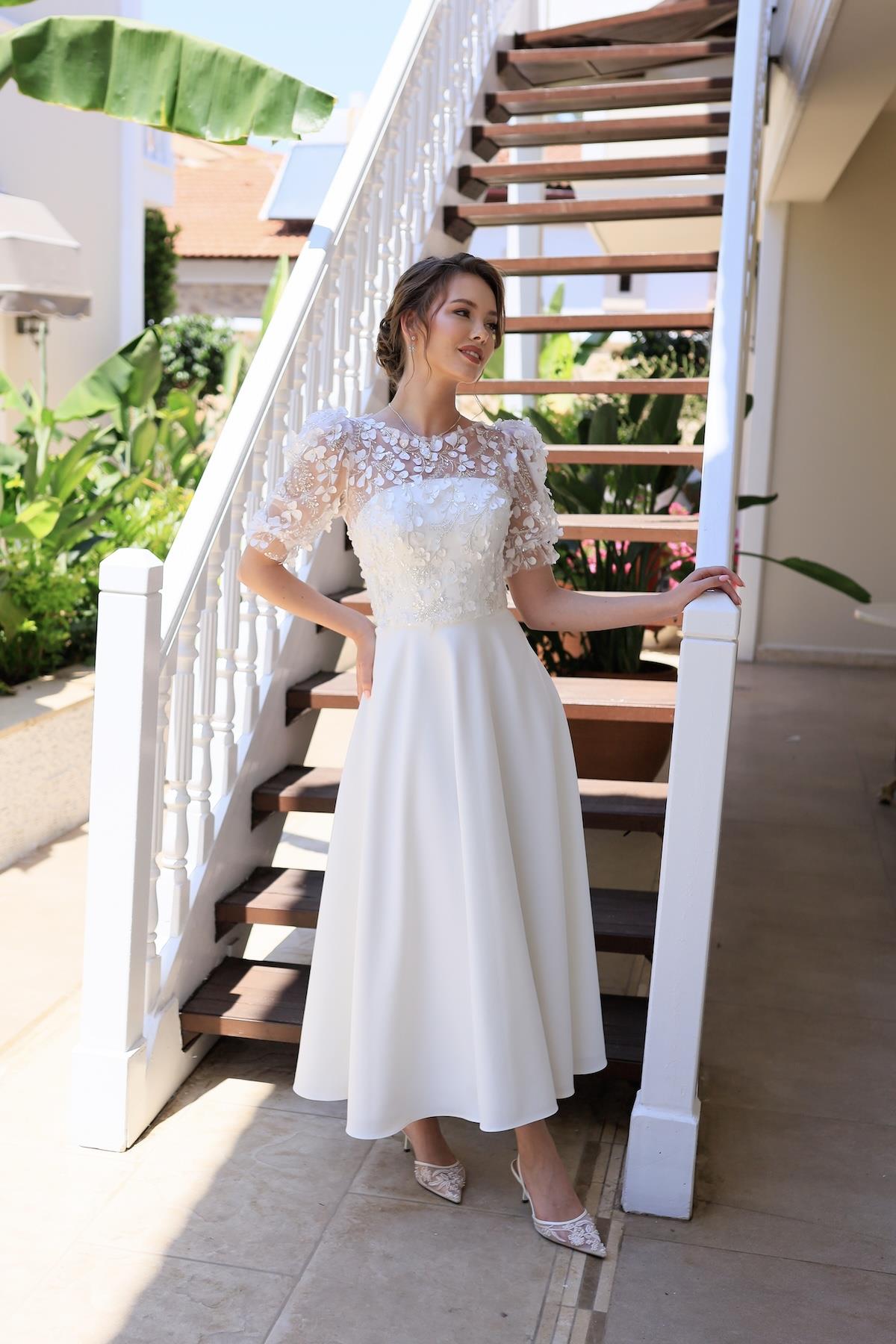 Elena Prenses Beyaz Özel Tasarım Dantel Detaylı Nikah Nişan Söz Elbisesi
