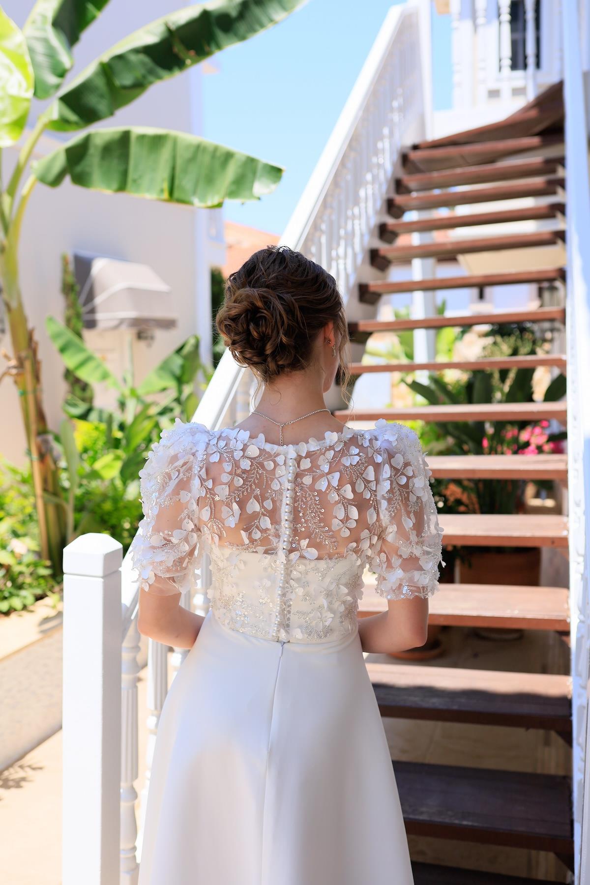 Elena Prenses Beyaz Özel Tasarım Dantel Detaylı Nikah Nişan Söz Elbisesi