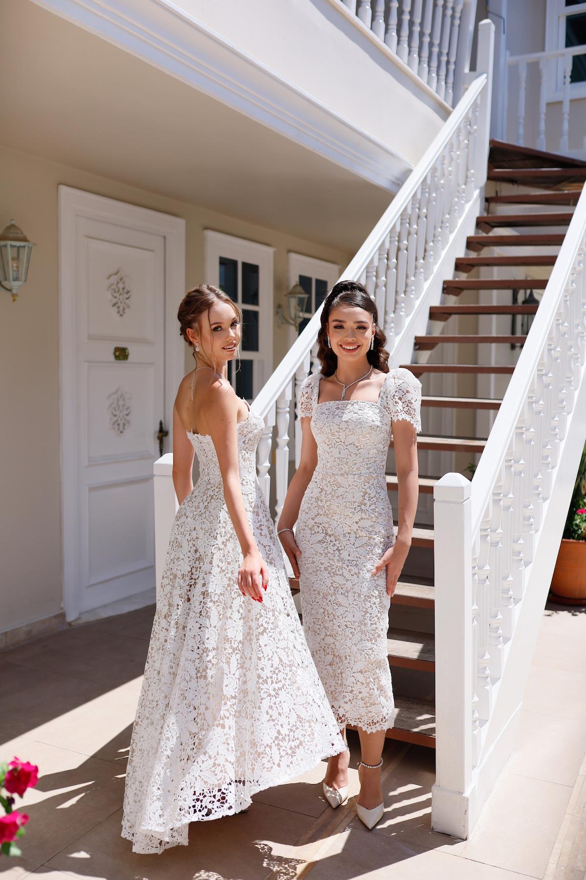 Eliza Kalem Bej Beyaz Dantel Özel Tasarım Nikah Nişan Söz Elbisesi