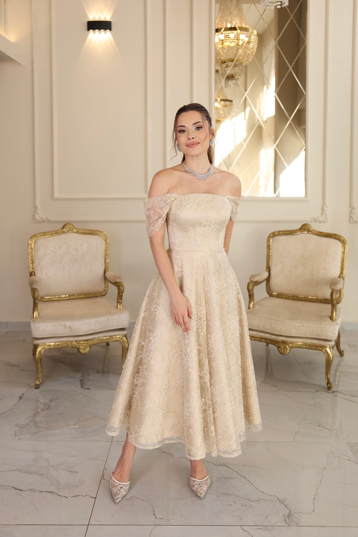 Galisia Prenses Bej Dantel Nikah Nişan Söz Elbisesi