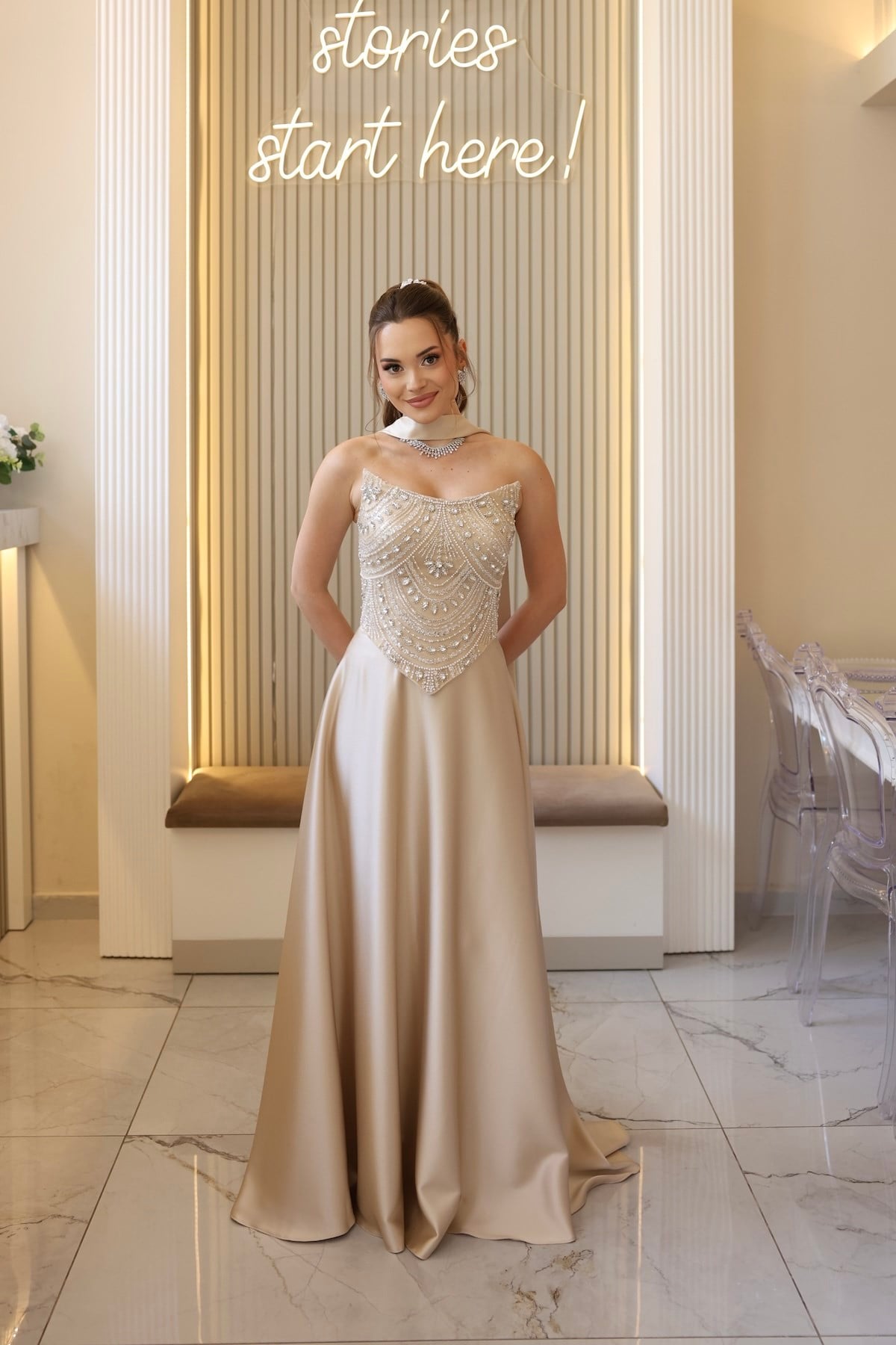Hera Blair Bej Kloş Etek Dantel Nikah Nişan Söz Elbisesi