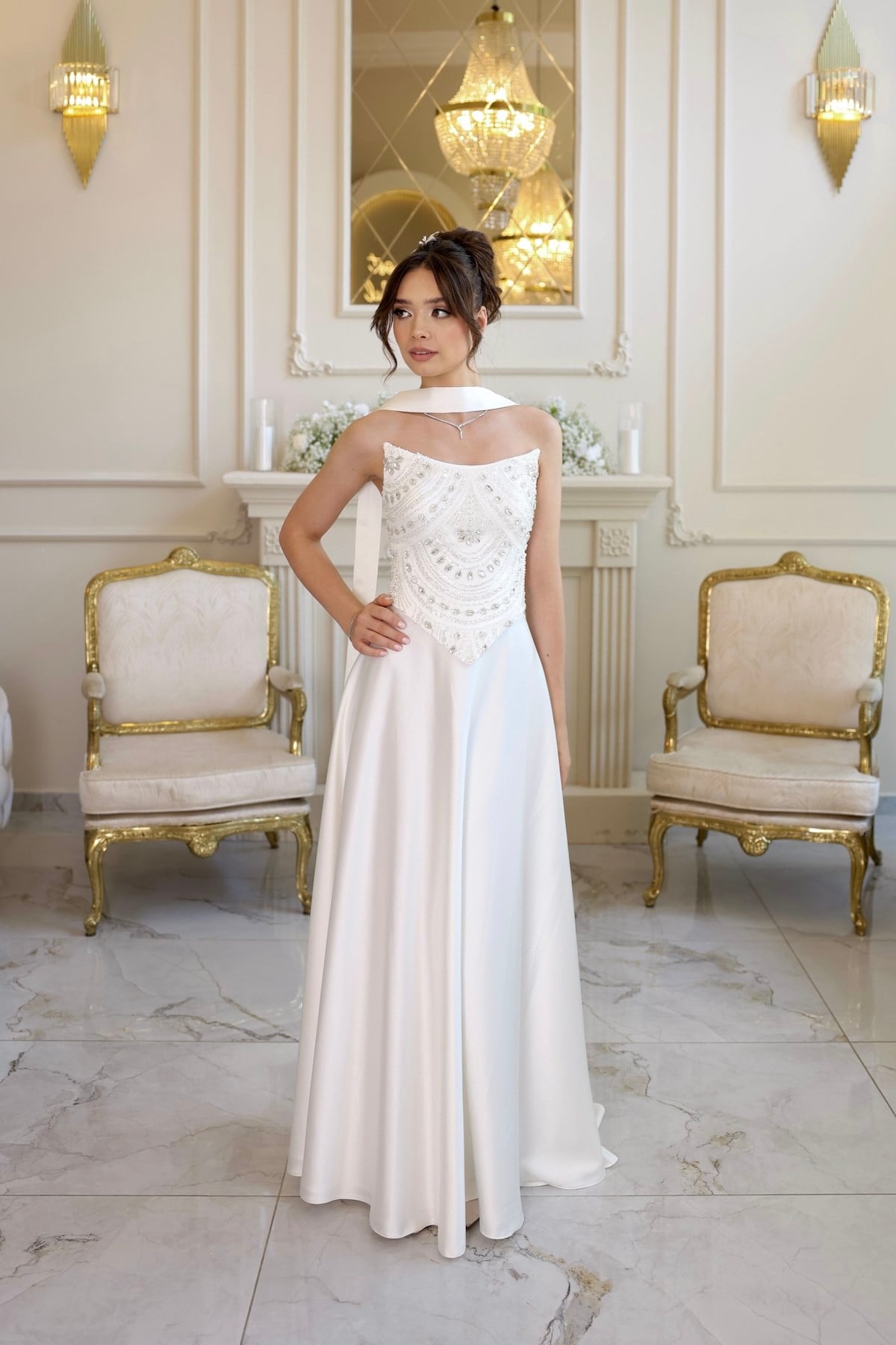 Hera Blair Beyaz Kloş Etek Dantel Nikah Nişan Söz Elbisesi