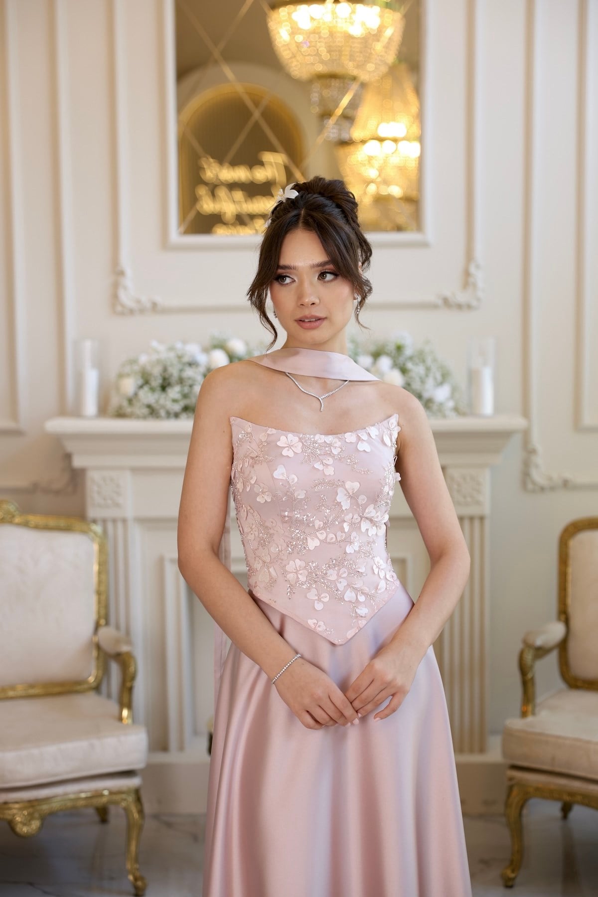 Hera Lavinya Pudra Kloş Etek Dantel Nikah Nişan Söz Elbisesi
