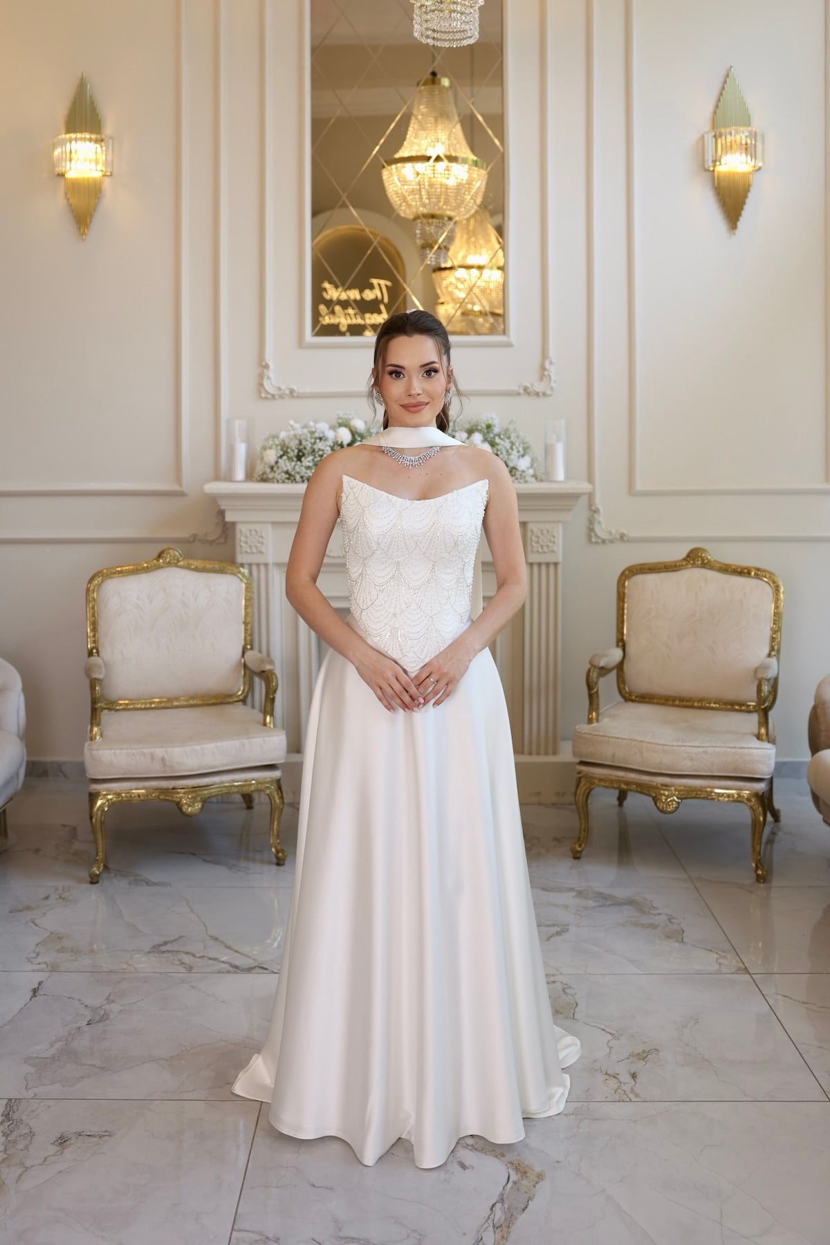Hera Monica Beyaz Kloş Etek Dantel Nikah Nişan Söz Elbisesi