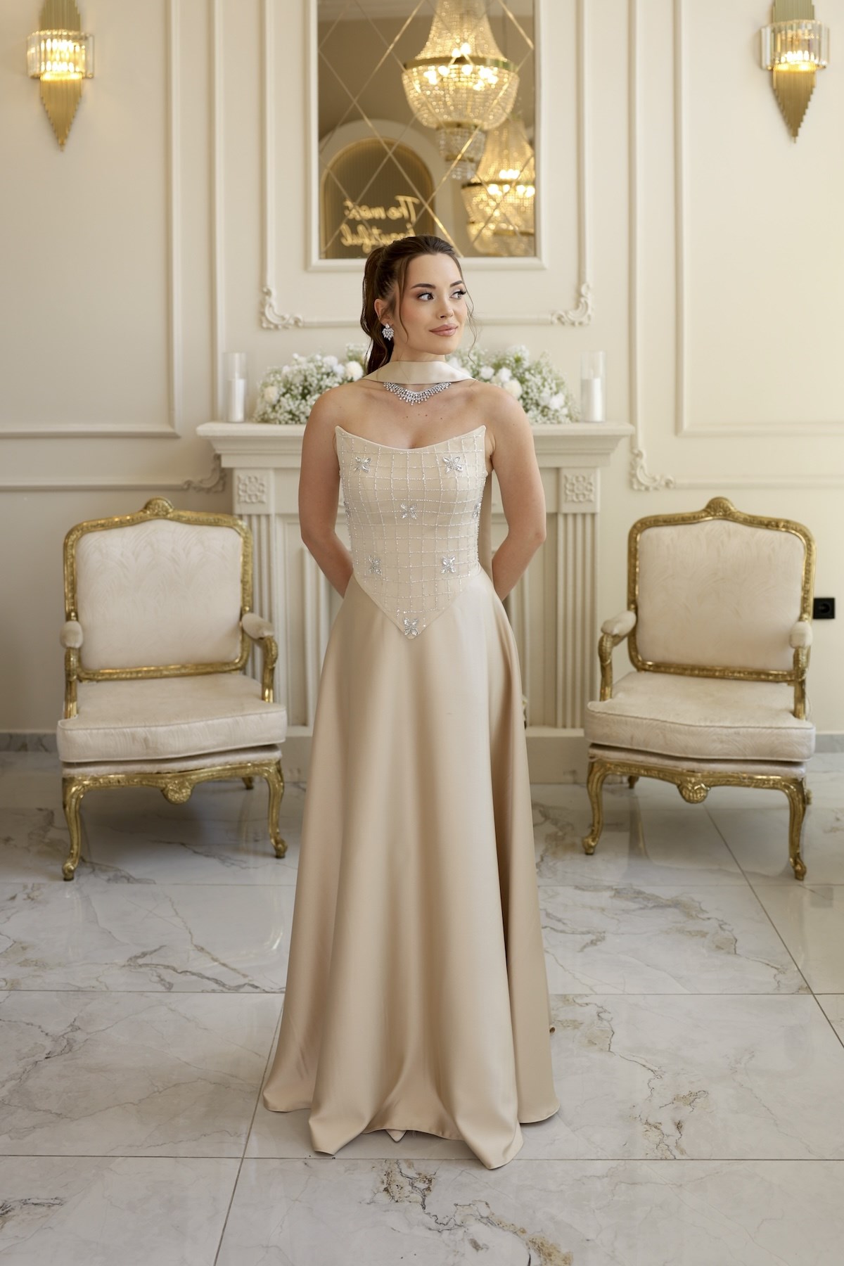 Hera Vesper Bej Kloş Etek Dantel Nikah Nişan Söz Elbisesi