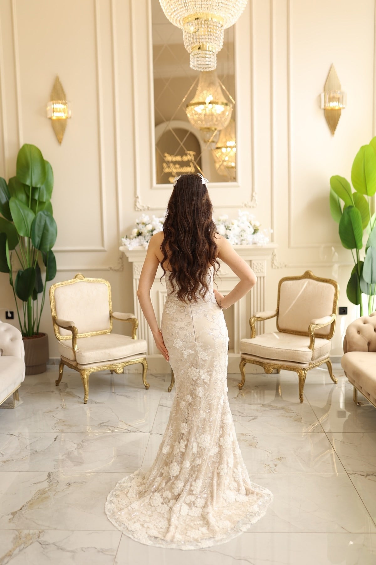 Kalina Beyaz Balık Çiçekli Özel Tasarım Dantel Nişan Nikah  Elbise