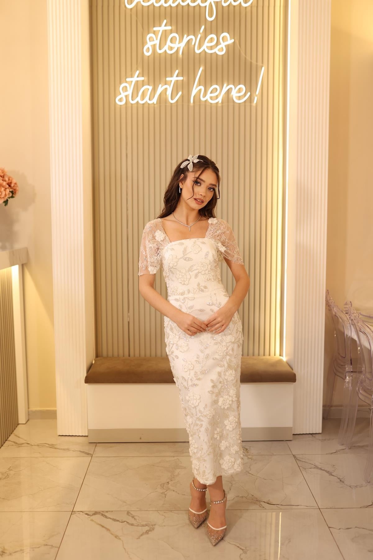 Kalina Beyaz Kalem Çiçekli Özel Tasarım Dantel Nişan Nikah Elbise