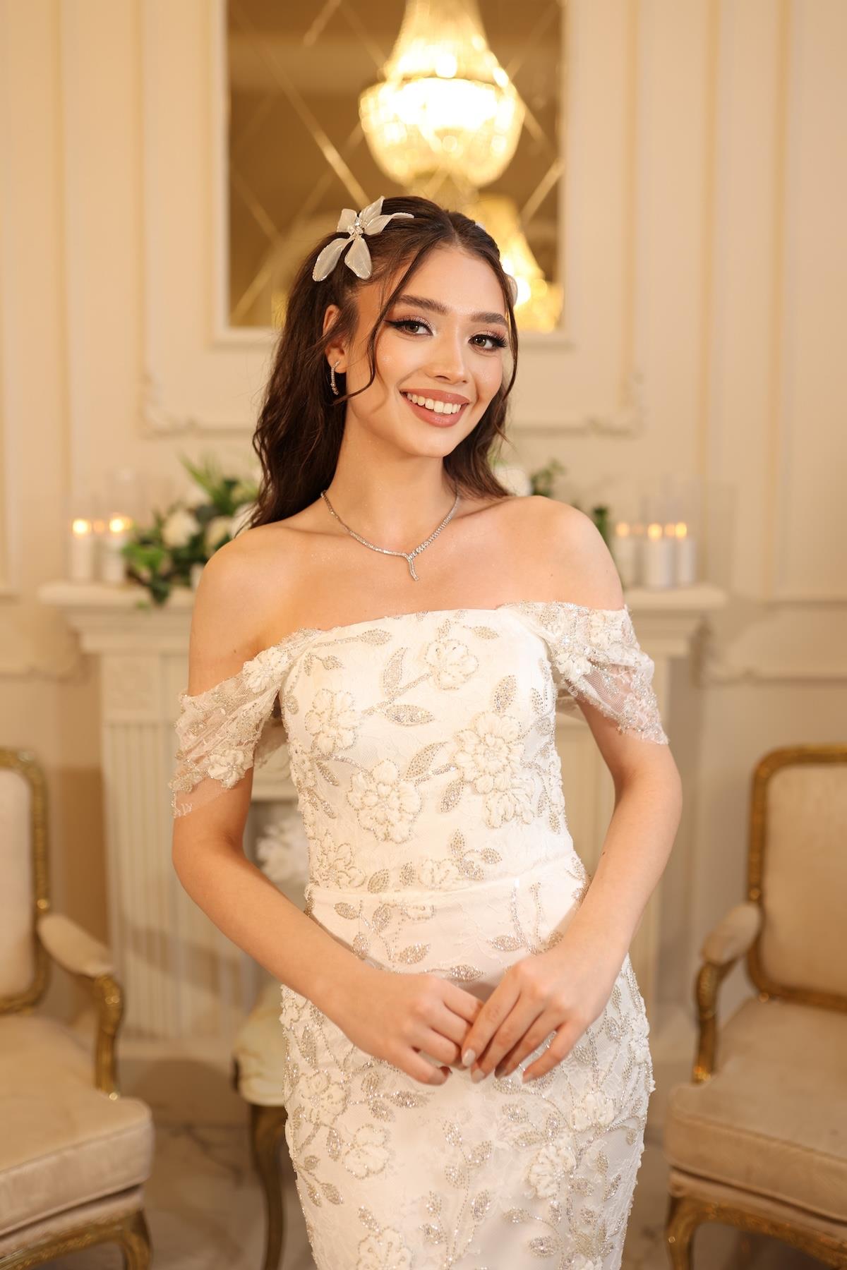 Kalina Beyaz Kalem Çiçekli Özel Tasarım Dantel Nişan Nikah Elbise