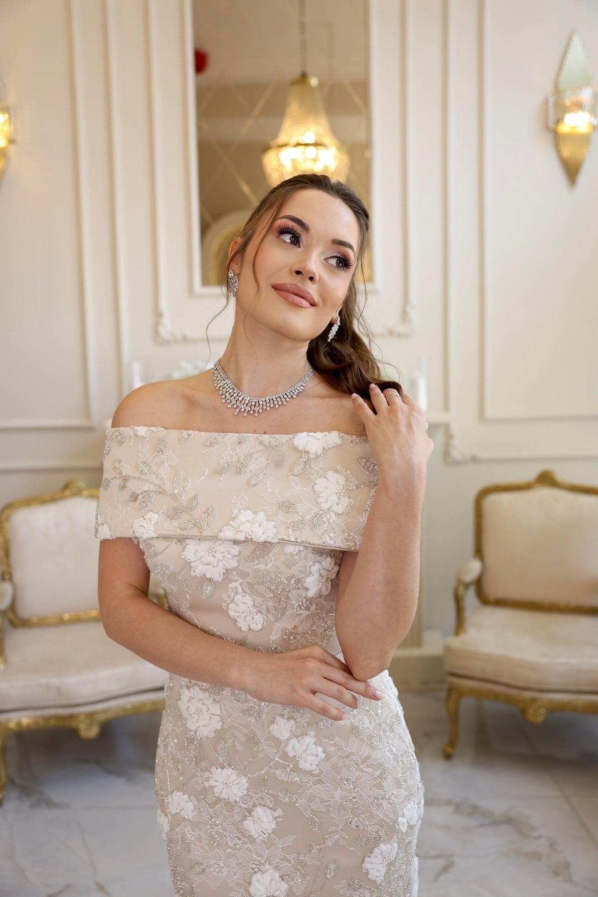 Kalina Kalem Bej Beyaz Dantel Nikah Nişan Söz Elbisesi