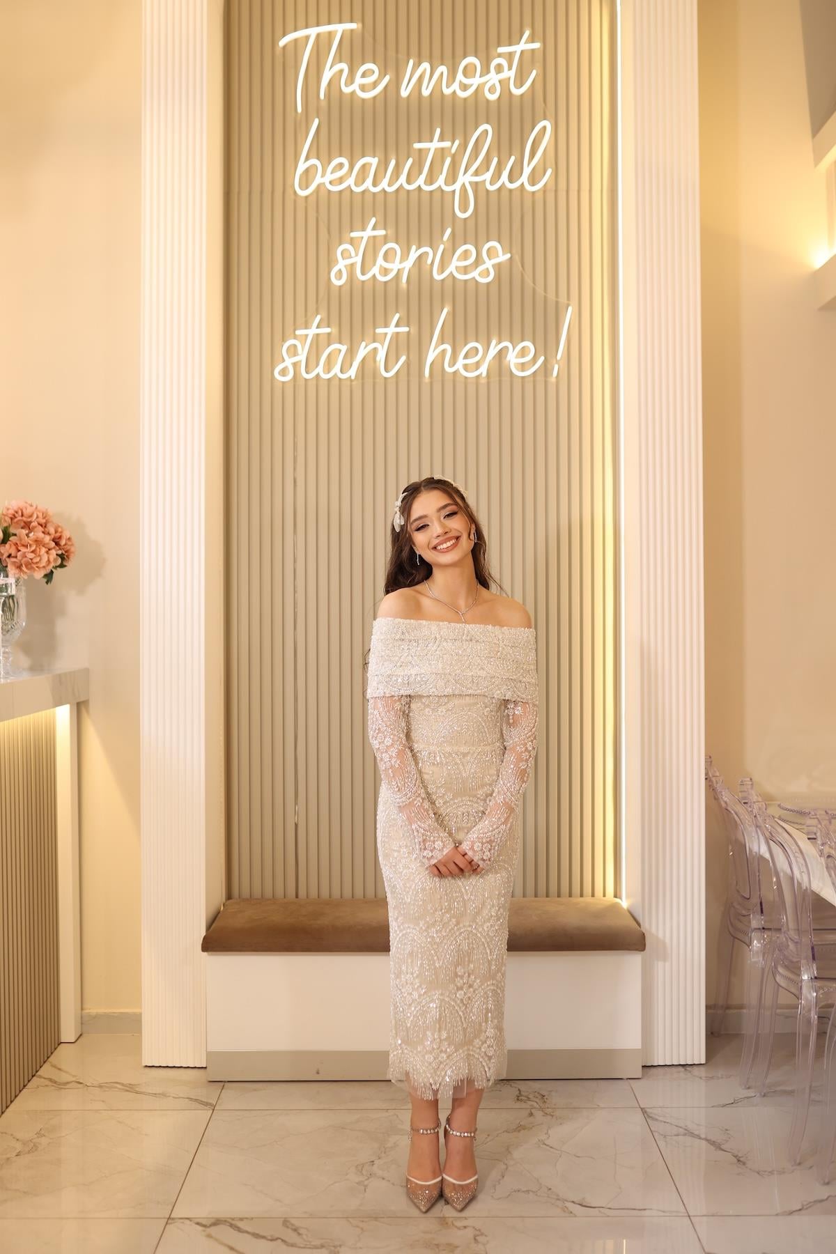Lalin Pile Dantel Bolero Beyaz Çiçekli Nişan Nikah Davet Elbise