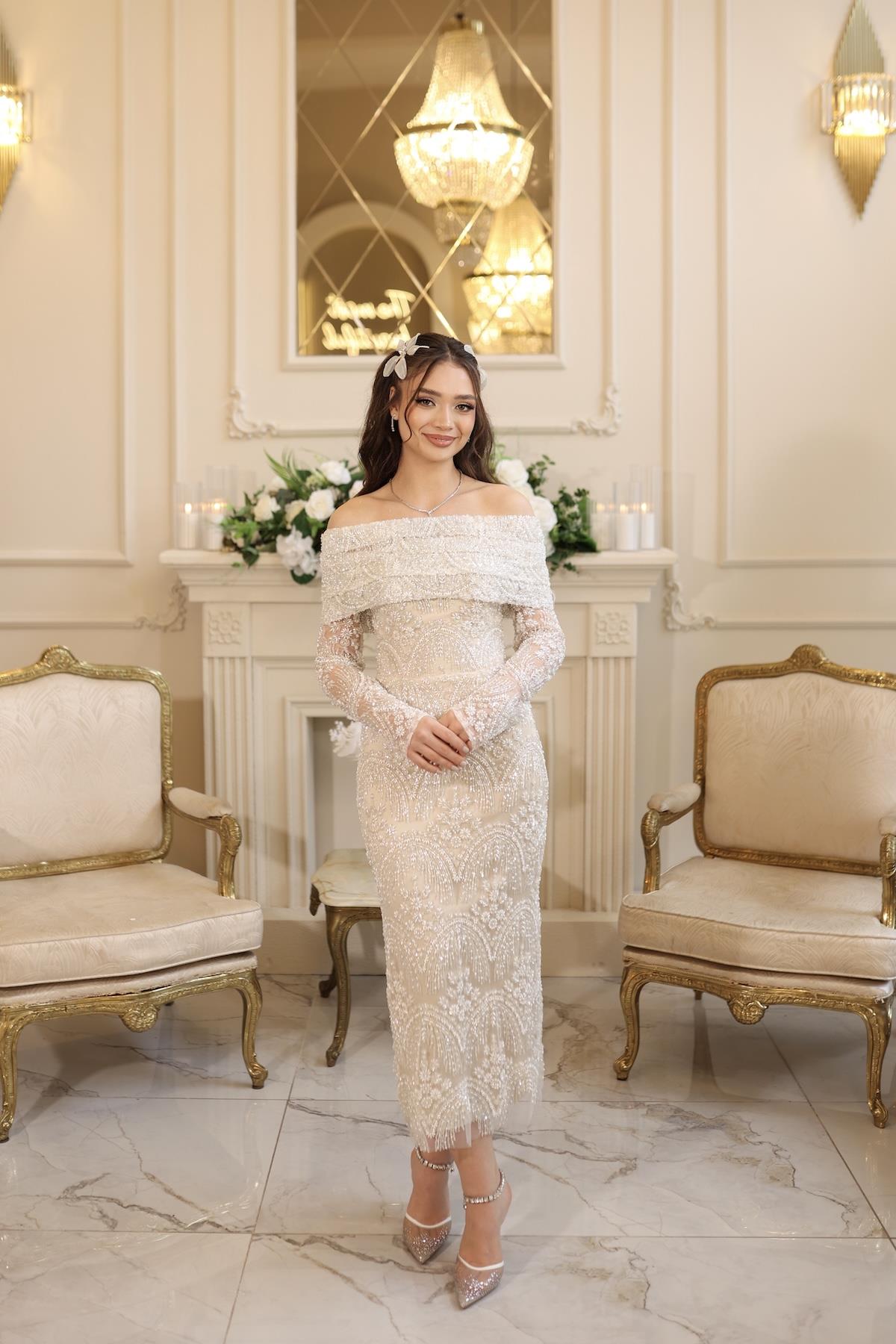 Lalin Pile Dantel Bolero Beyaz Çiçekli Nişan Nikah Davet Elbise