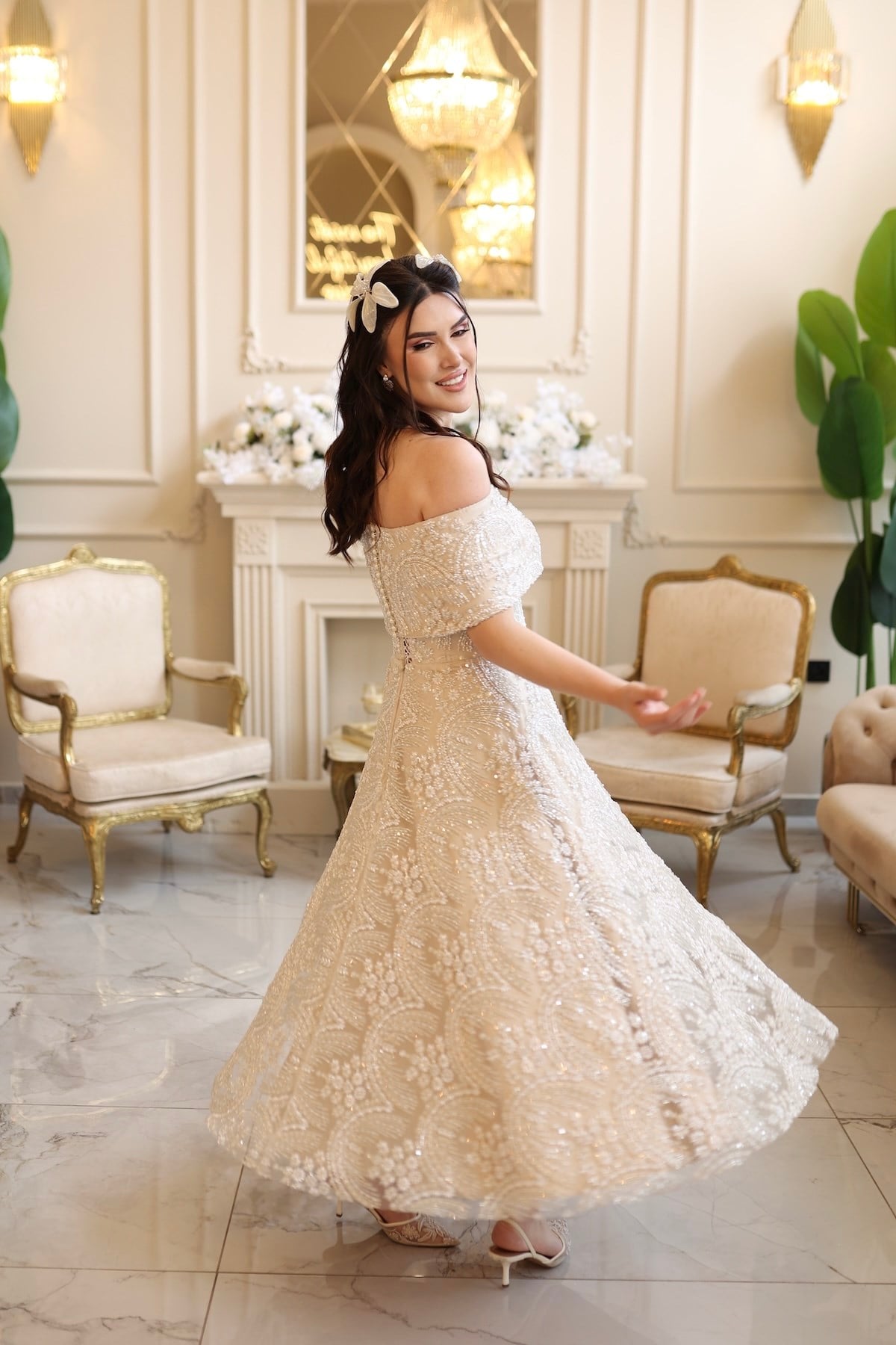 Lalin Prenses Saten Bolero Beyaz Çiçekli Nişan Nikah Davet Elbise