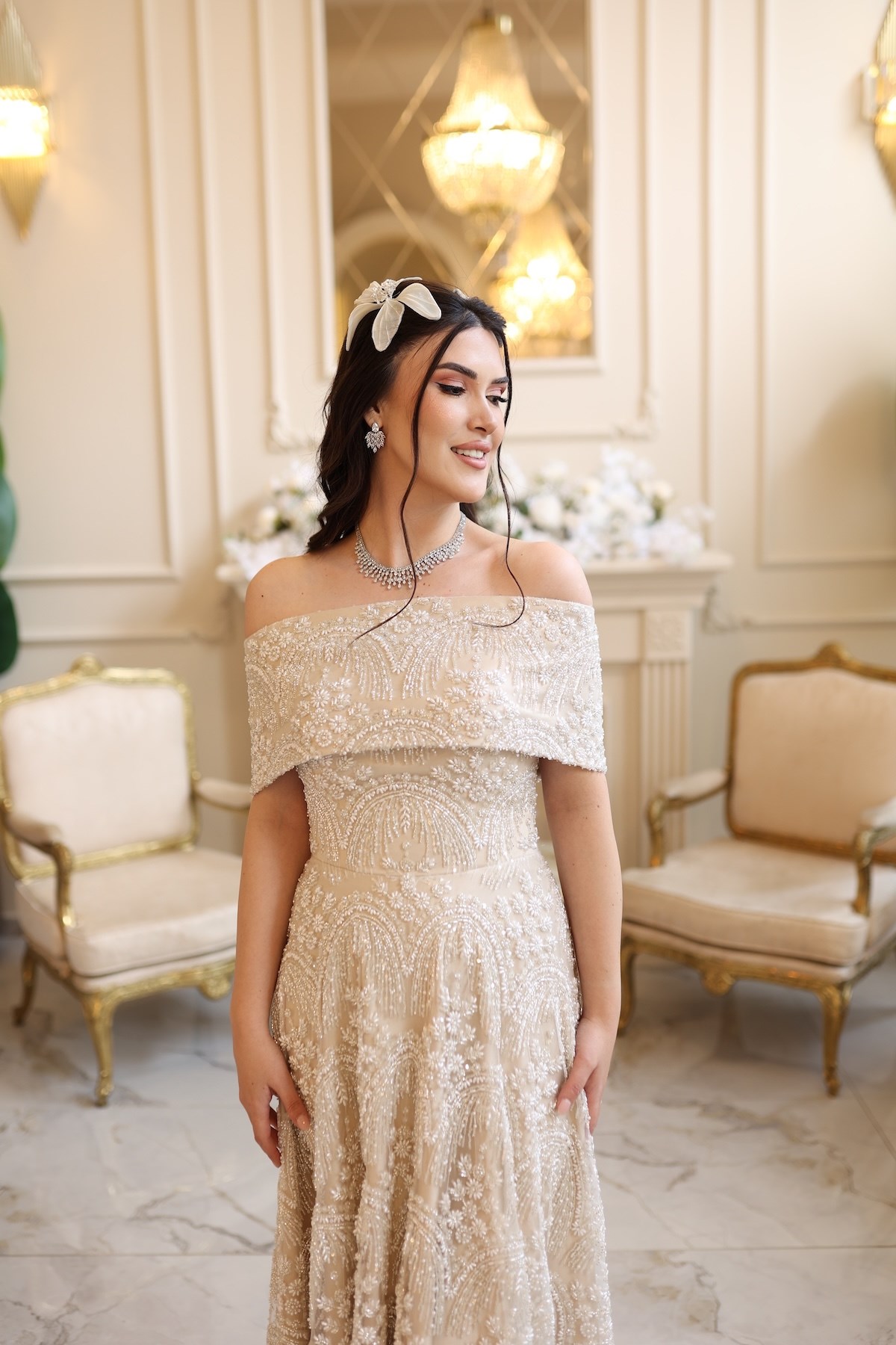 Lalin Prenses Saten Bolero Beyaz Çiçekli Nişan Nikah Davet Elbise