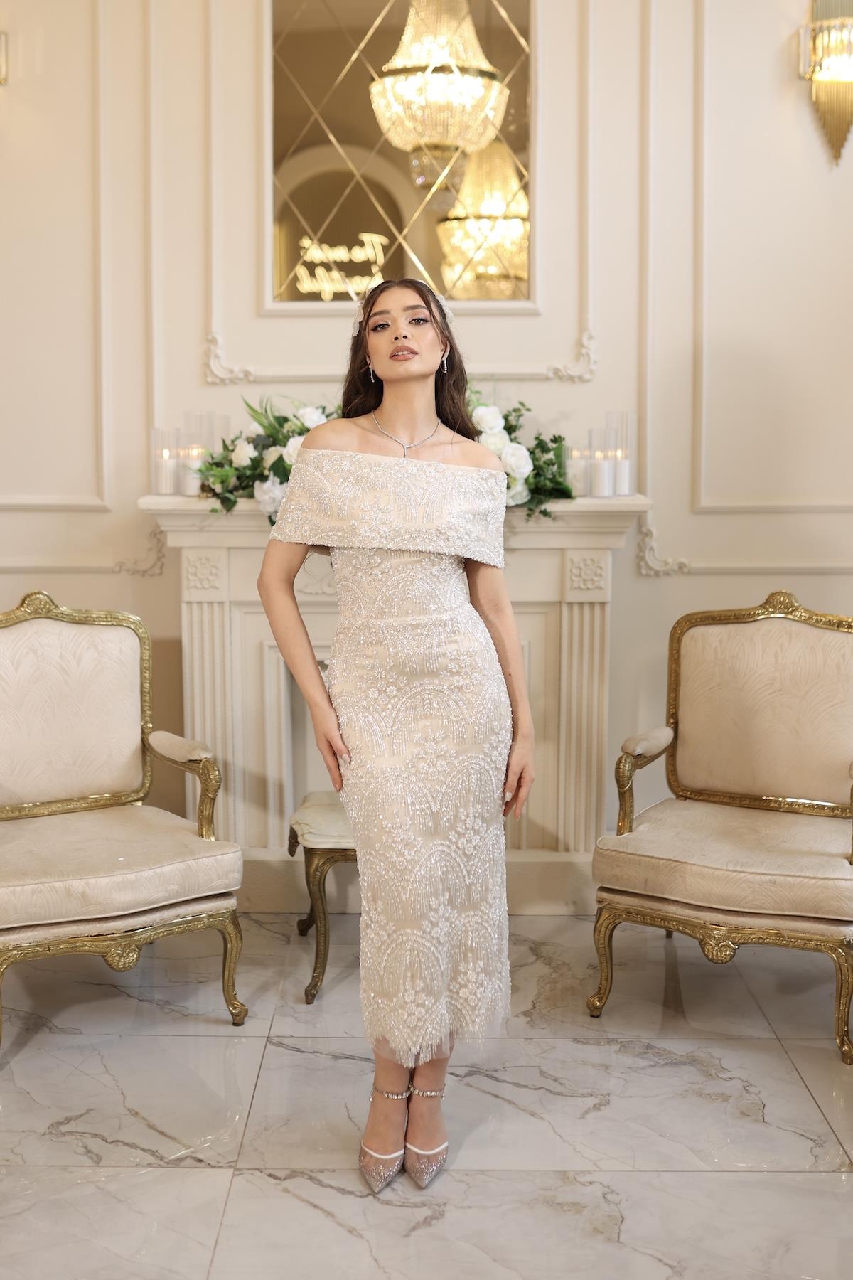 Lalin Saten Bolero Beyaz Çiçekli Nişan Nikah Davet Elbise