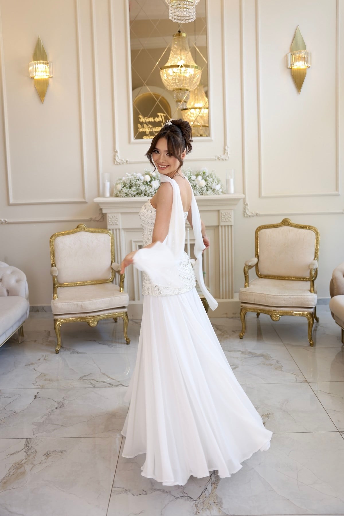 Lidya Blair Dantel Beyaz Şifon Tasarım Nikah Nişan Söz Elbisesi