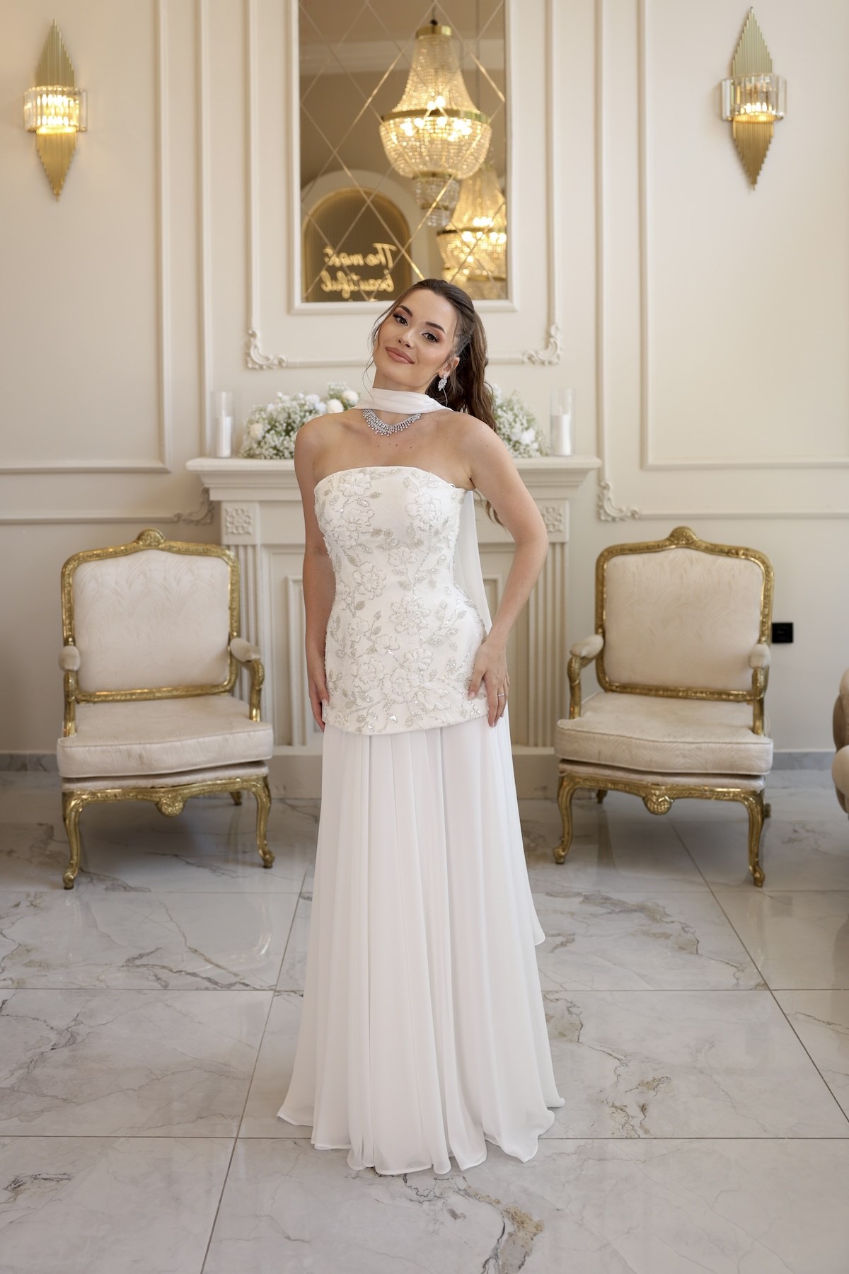 Lidya Kalina Şifon Korse Etek Beyaz Nikah Nişan Elbise