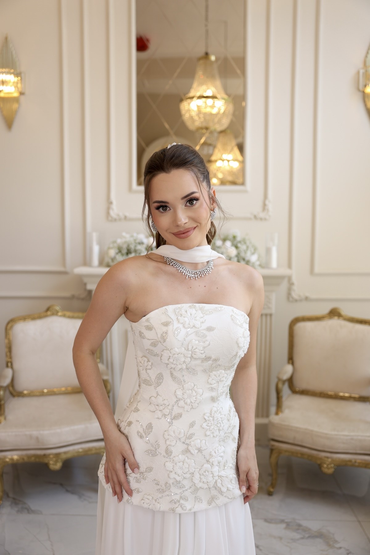 Lidya Kalina Şifon Korse Etek Beyaz Nikah Nişan Elbise