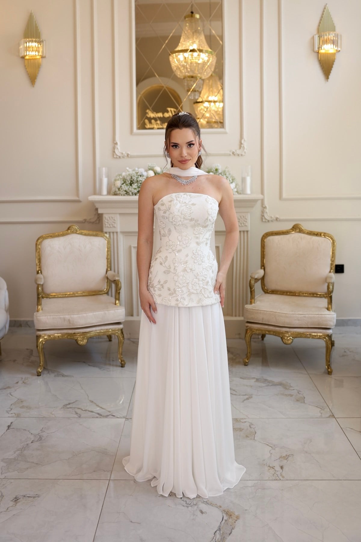 Lidya Kalina Şifon Korse Etek Beyaz Nikah Nişan Elbise