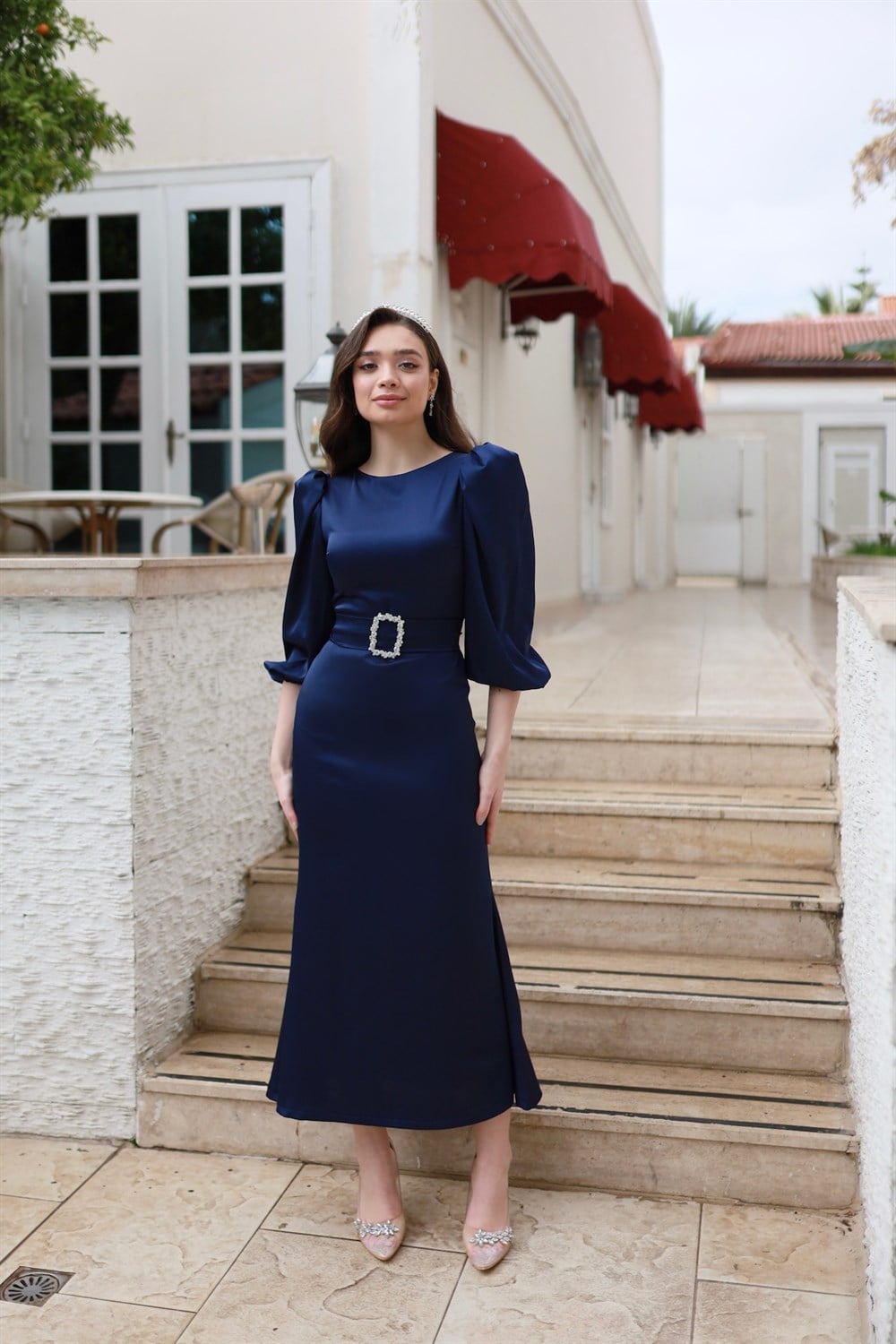 Lily Lacivert Saten Balon Kol Balık Özel Tasarım Abiye Elbise