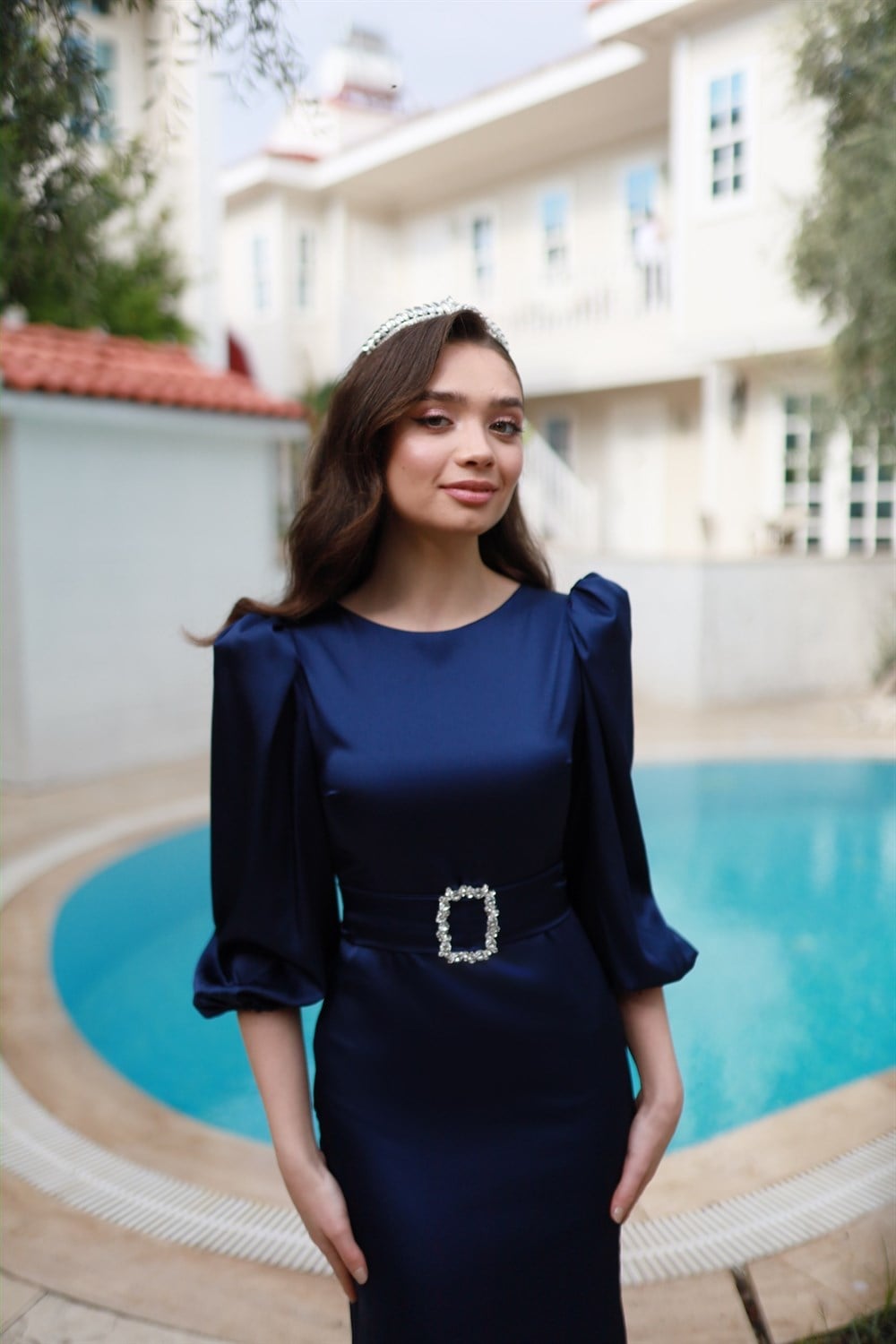 Lily Lacivert Saten Balon Kol Balık Özel Tasarım Abiye Elbise