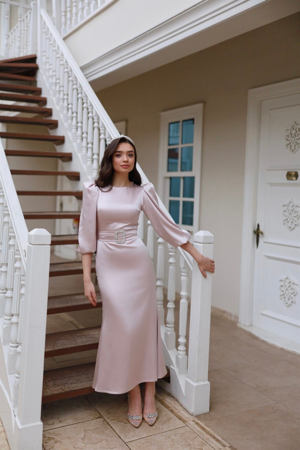 Lily Pudra Pembe Saten Balon Kol Balık Özel Tasarım Abiye Elbise