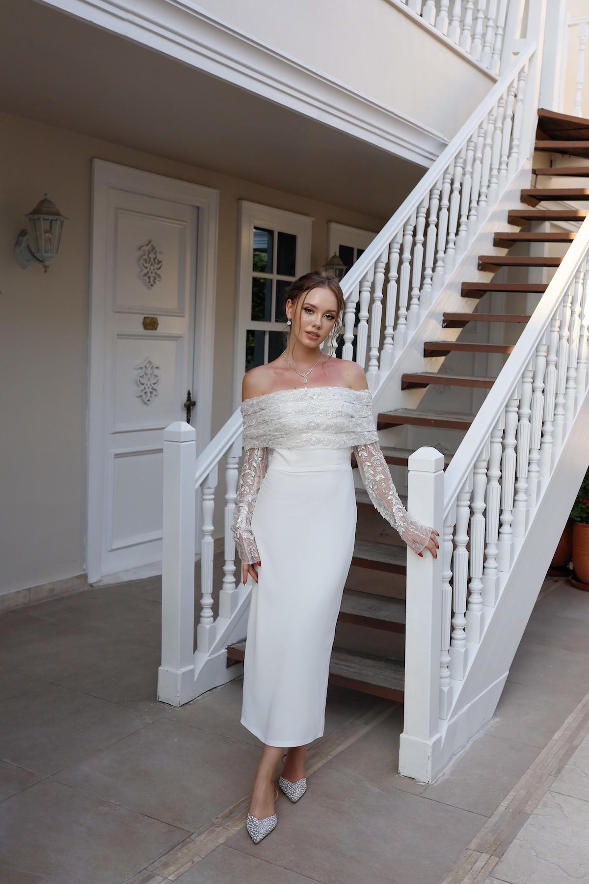 Linda Beyaz Kalem Özel Tasarım Dantel Detaylı Nikah Nişan Söz Elbisesi