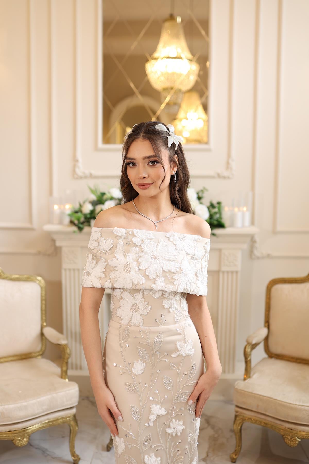 Margaret Saten Bolero Beyaz Çiçekli Nişan Nikah Davet Elbise