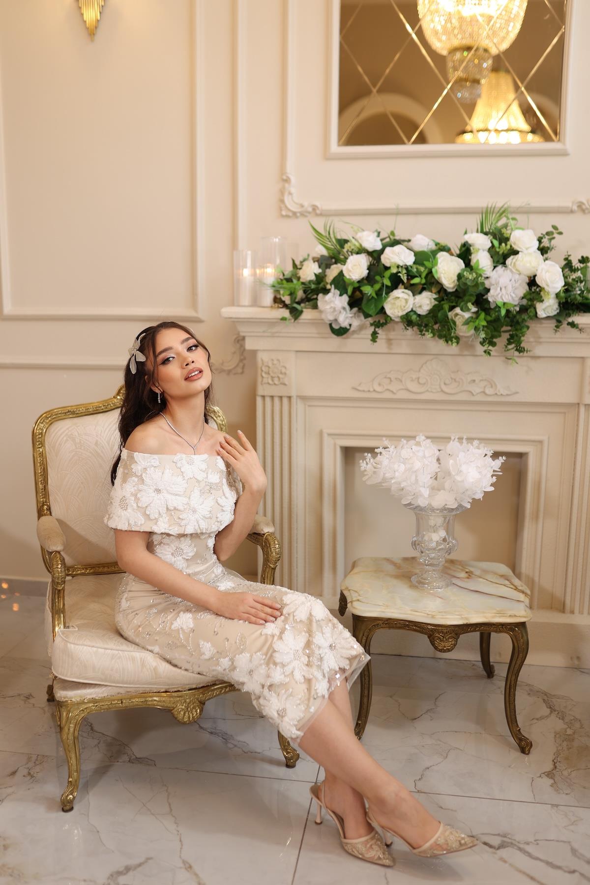 Margaret Saten Bolero Beyaz Çiçekli Nişan Nikah Davet Elbise