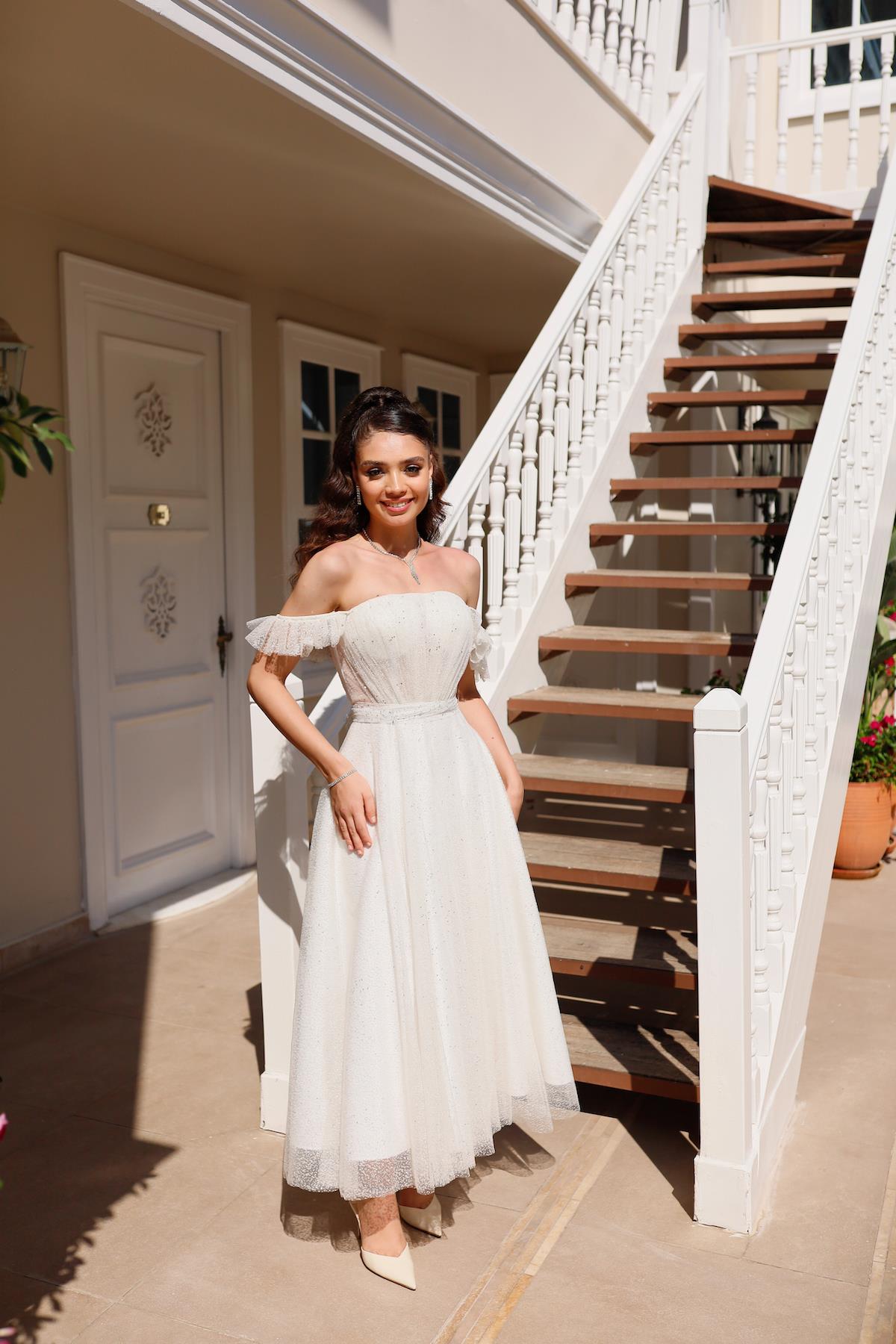 Melissa Beyaz Simli Tül Özel Tasarım Nikah Nişan Söz Elbisesi