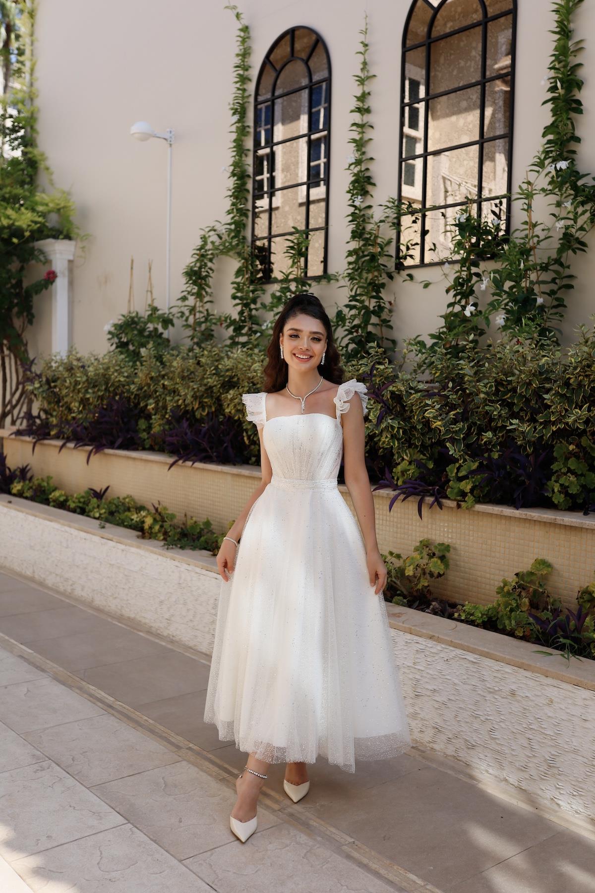 Melissa Beyaz Simli Tül Özel Tasarım Nikah Nişan Söz Elbisesi