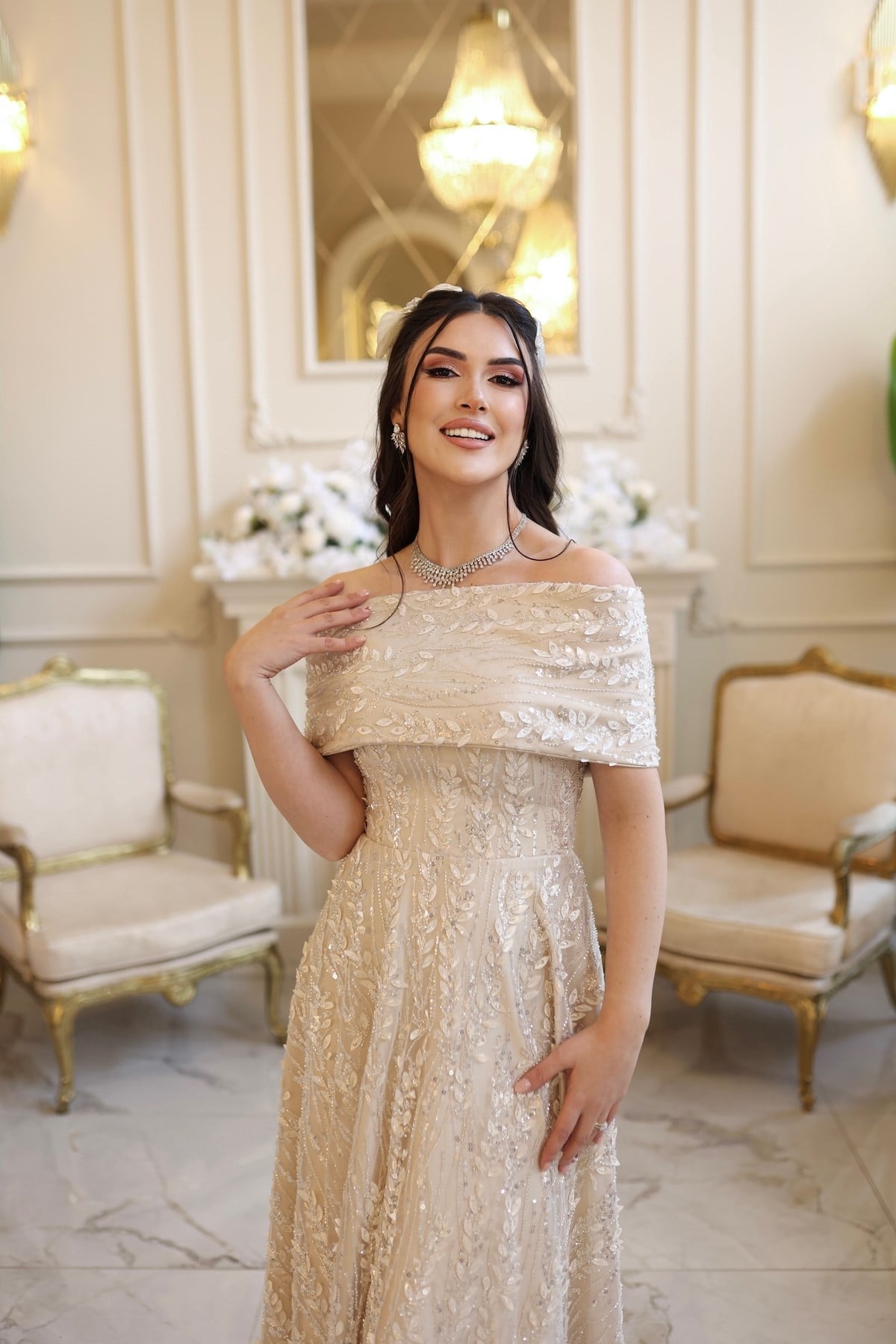 Miranda Prenses Beyaz Yeni Dantel Bolero Nişan Elbise