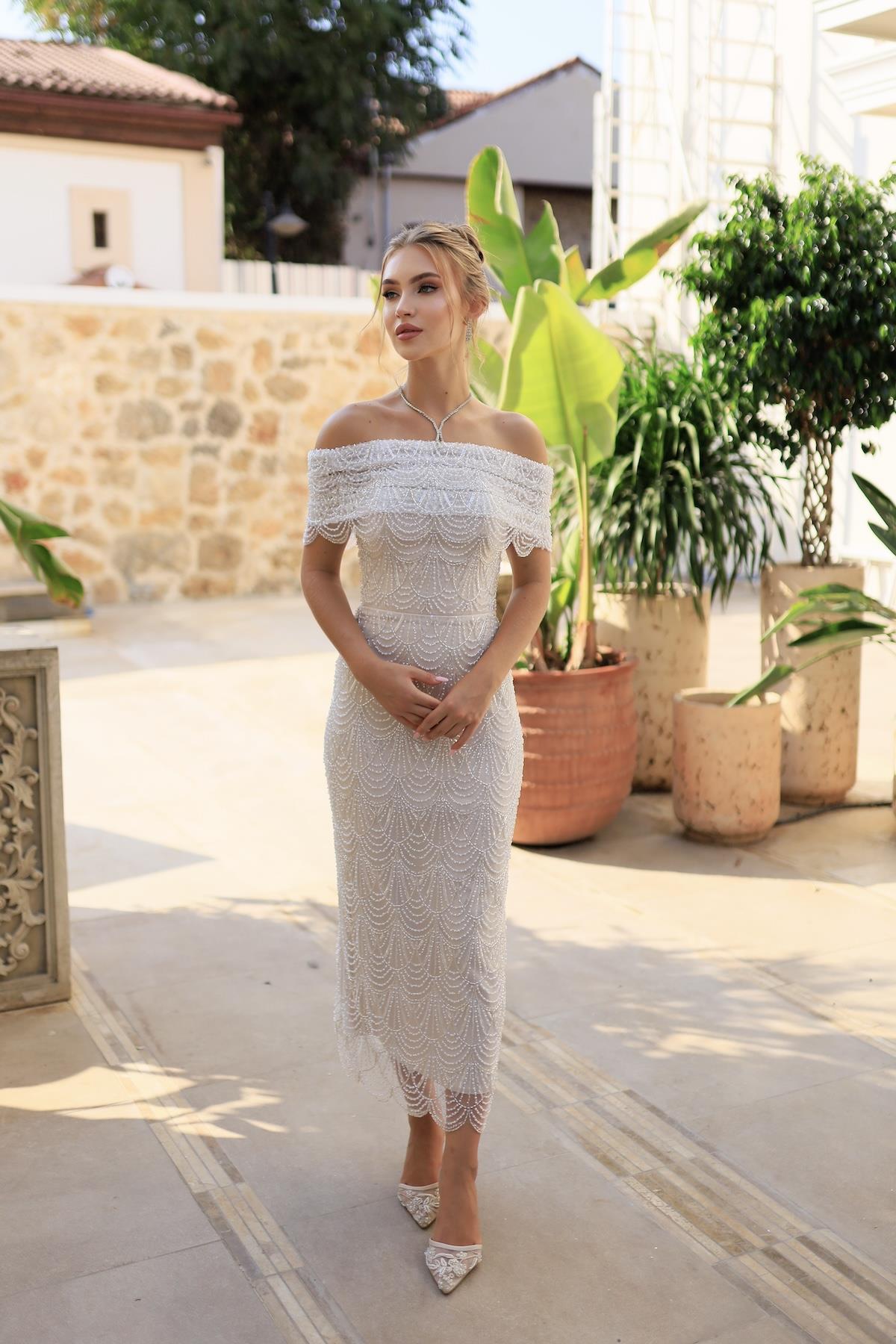 Monica Bolero Kalem Özel Tasarım Dantel Nişan Nikah Elbisesi