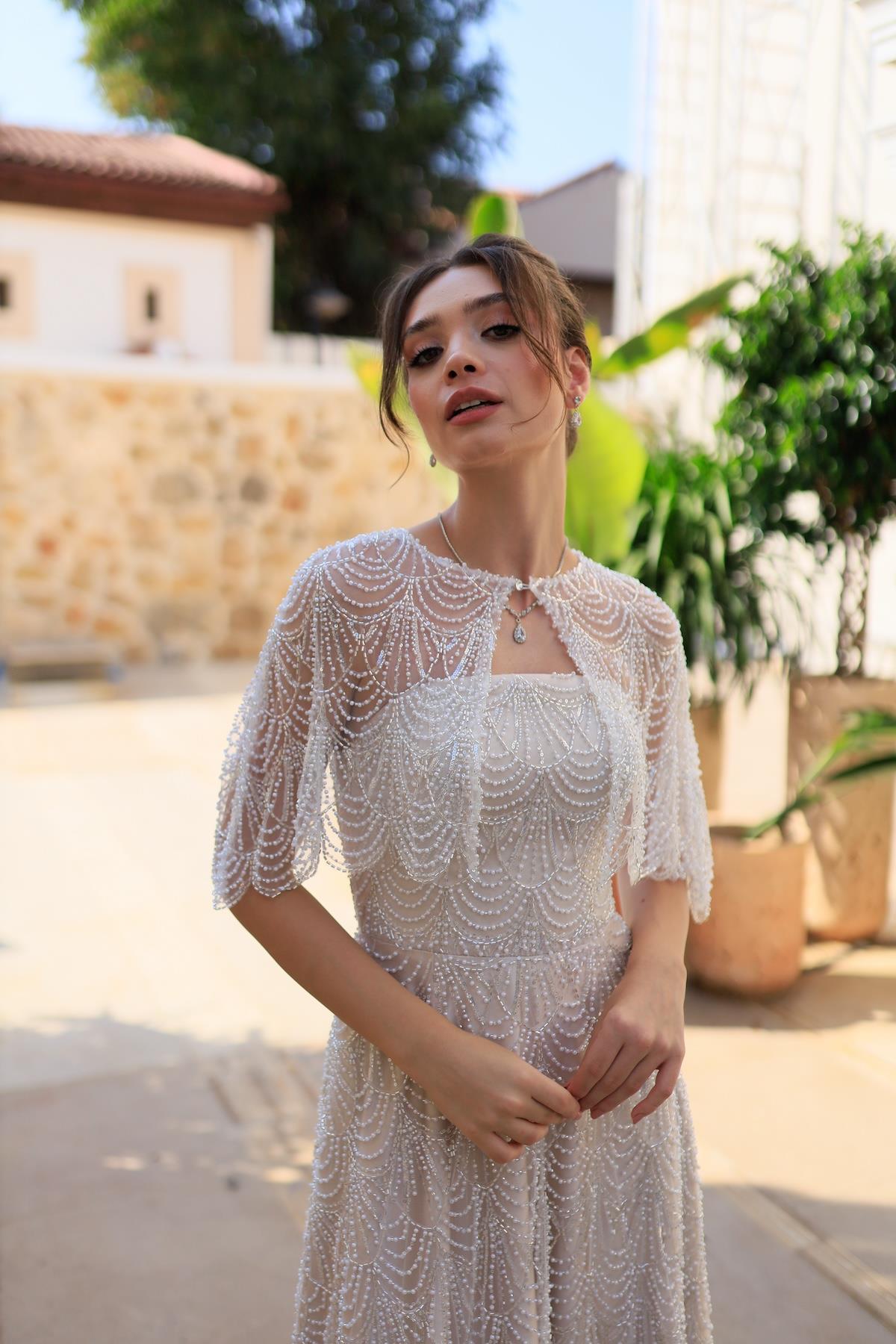 Monica Pelerin Prenses Özel Tasarım Dantel Nişan Nikah Elbisesi