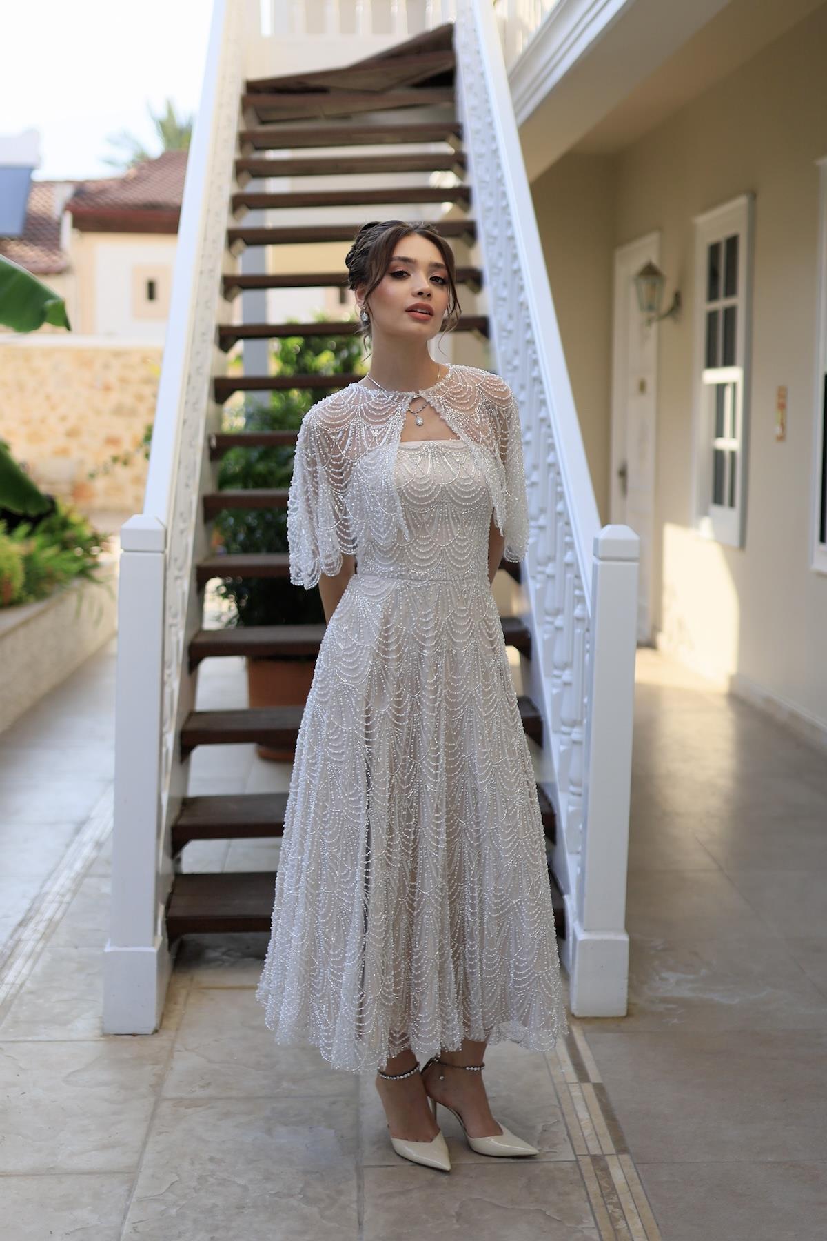 Monica Pelerin Prenses Özel Tasarım Dantel Nişan Nikah Elbisesi