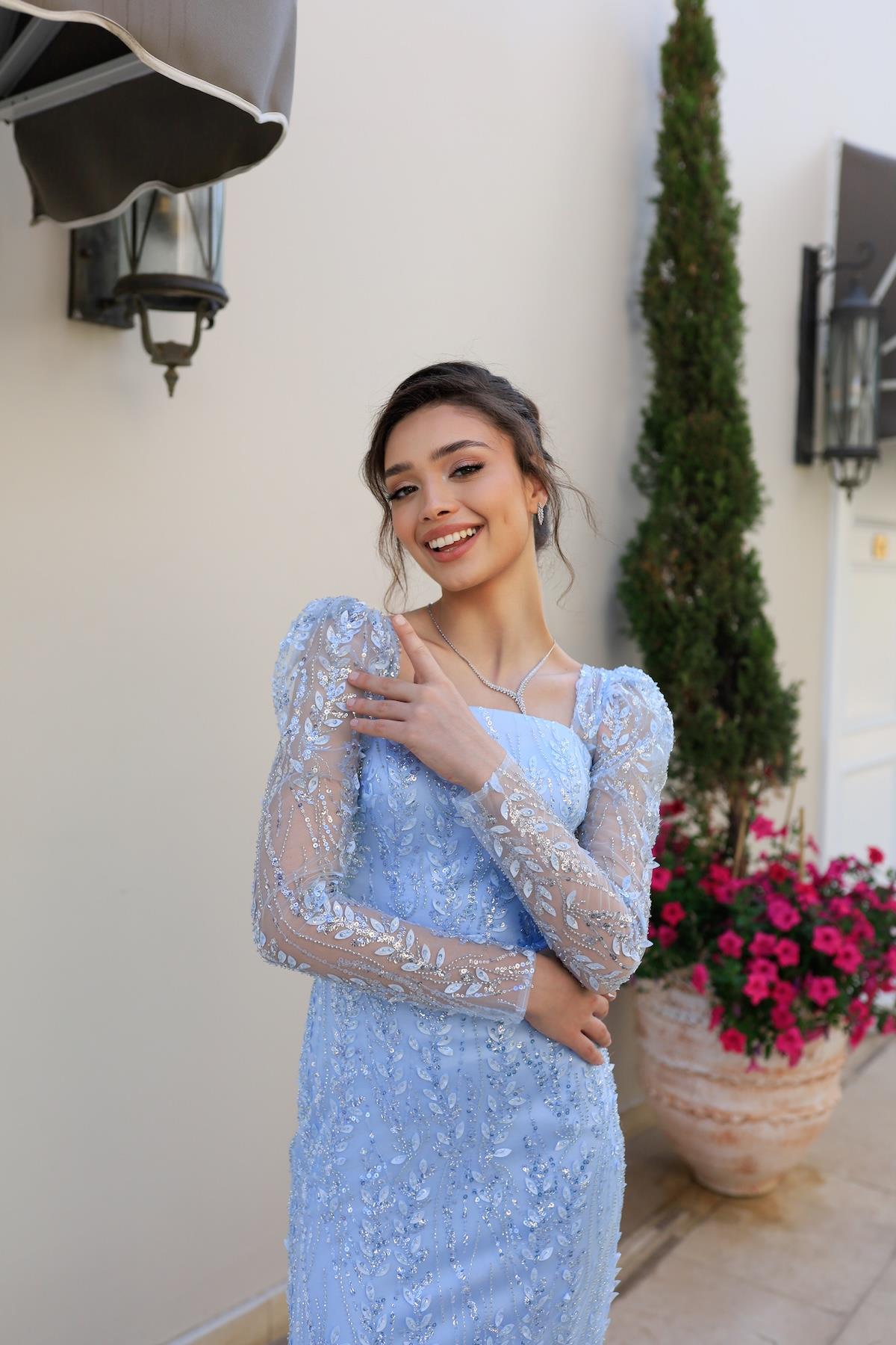 Nastya Bebek Mavi Midi Boy Özel Tasarım Dantel Abiye Elbise