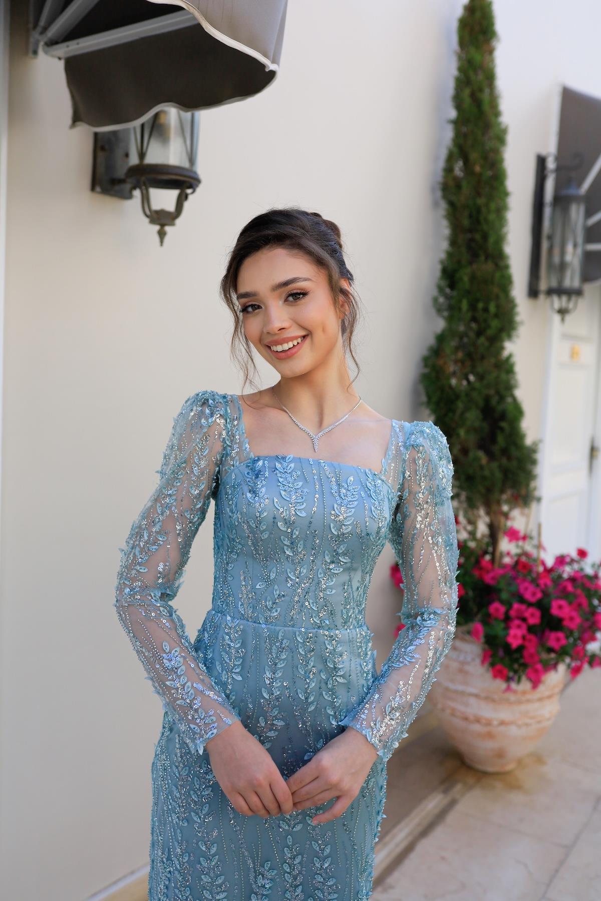 Nastya Yeşil Midi Boy Özel Tasarım Dantel Abiye Elbise
