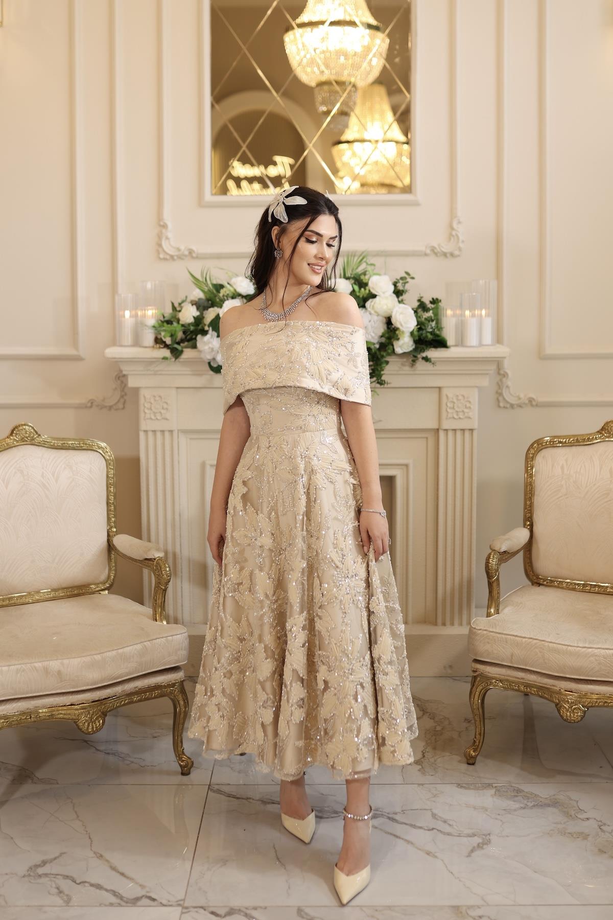 Ares Prenses  Bej Çiçekli Özel Tasarım Dantel Nişan Nikah Elbise