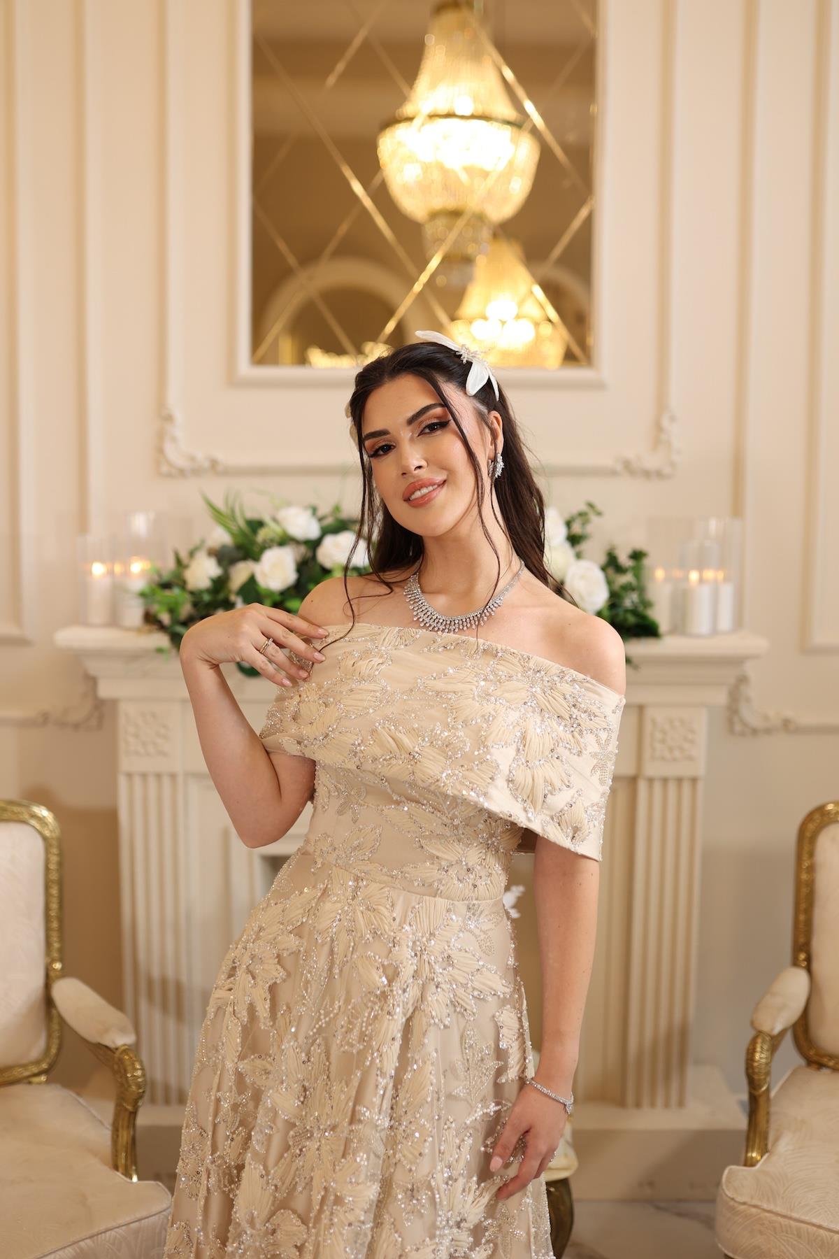 Ares Prenses  Bej Çiçekli Özel Tasarım Dantel Nişan Nikah Elbise
