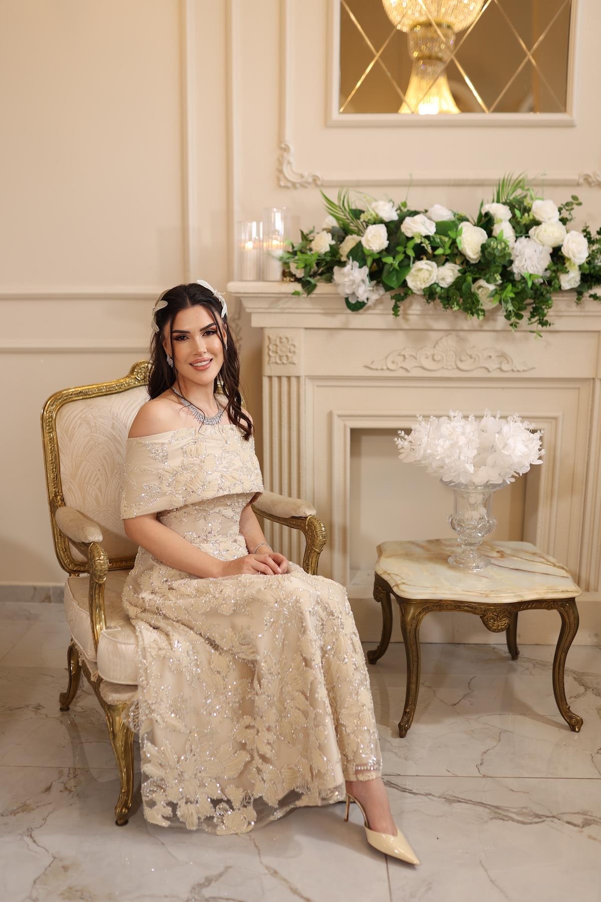 Ares Prenses  Bej Çiçekli Özel Tasarım Dantel Nişan Nikah Elbise