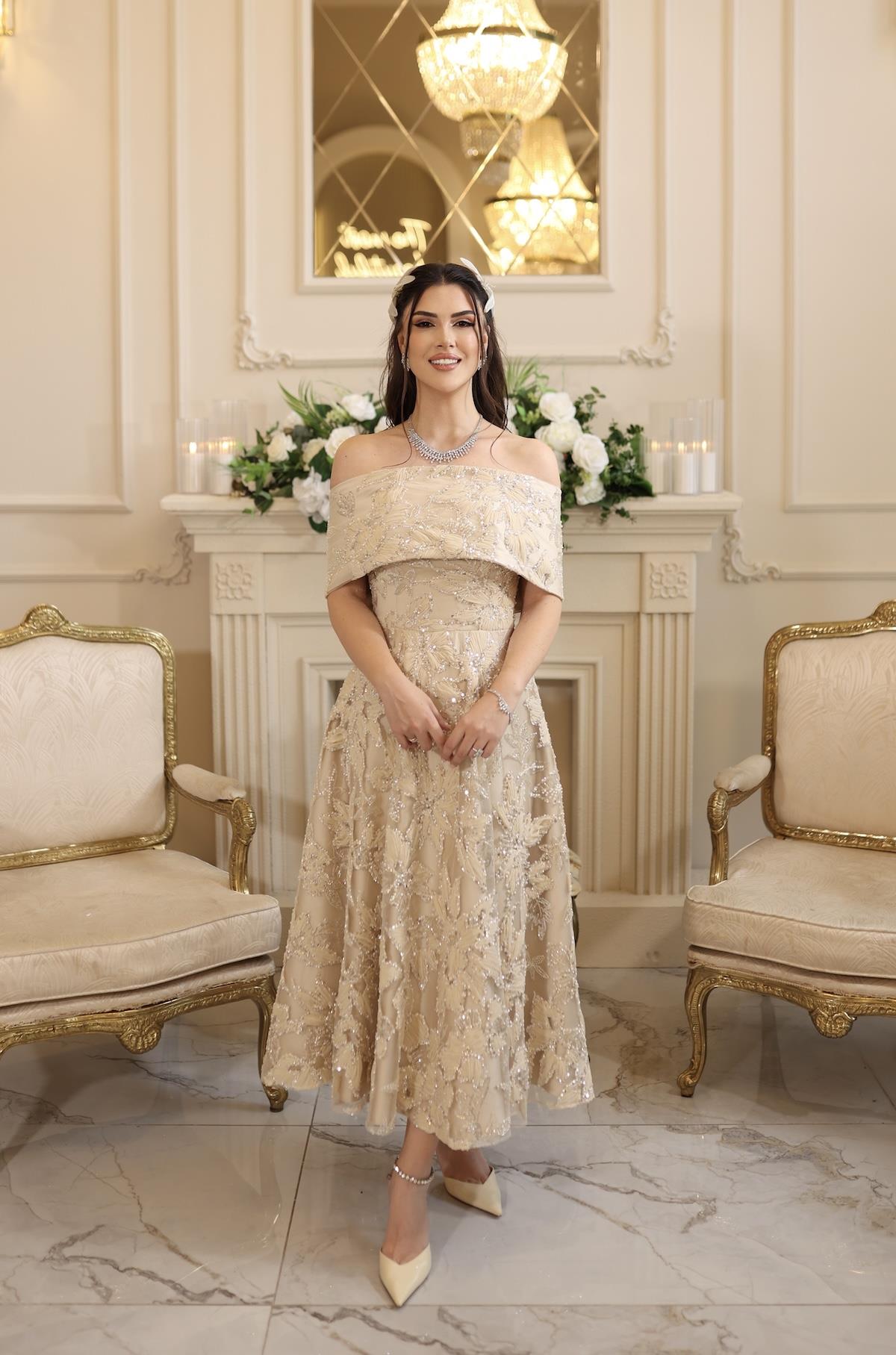 Ares Prenses  Bej Çiçekli Özel Tasarım Dantel Nişan Nikah Elbise