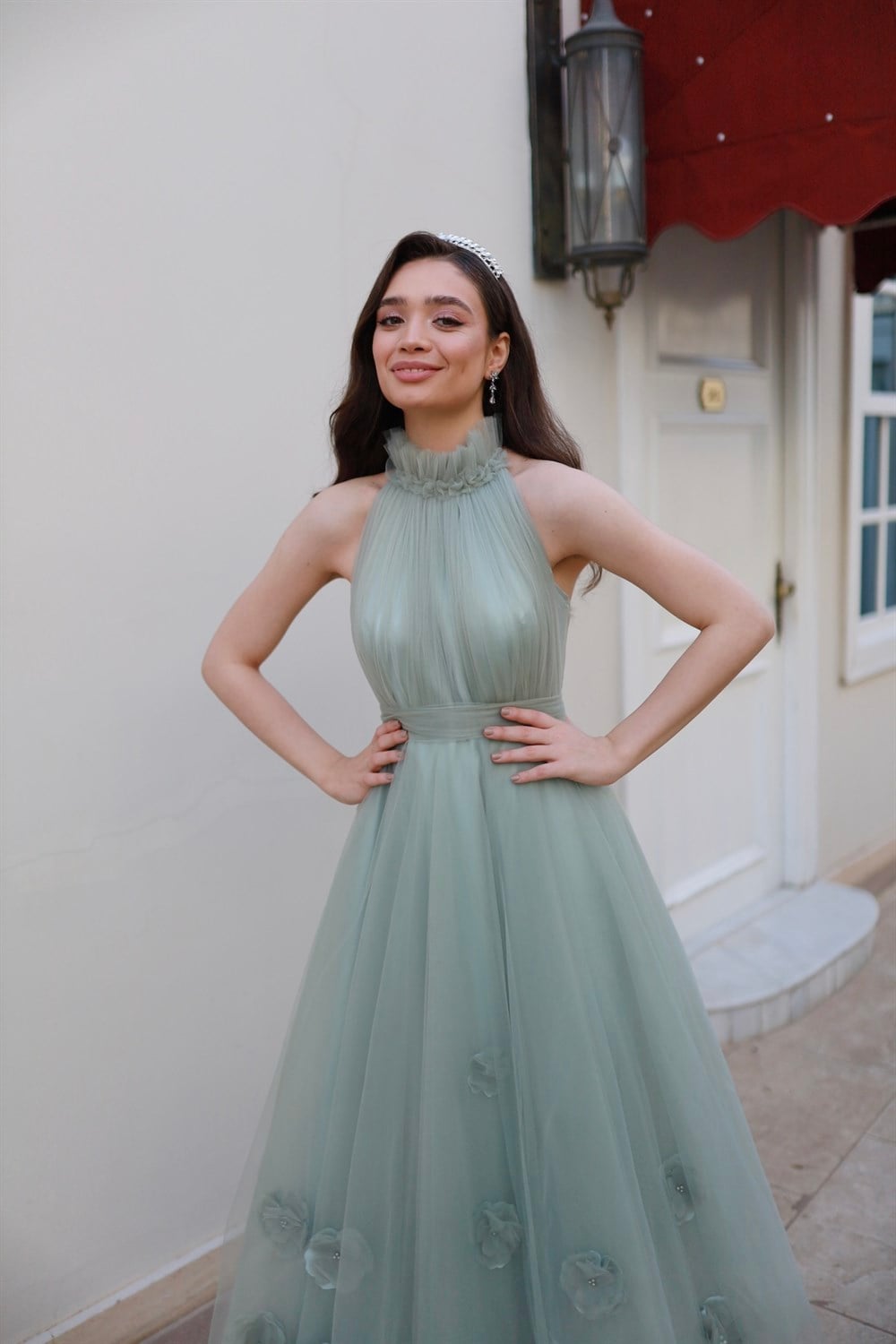 Rose Su Yeşili Özel Tasarım Tül Abiye