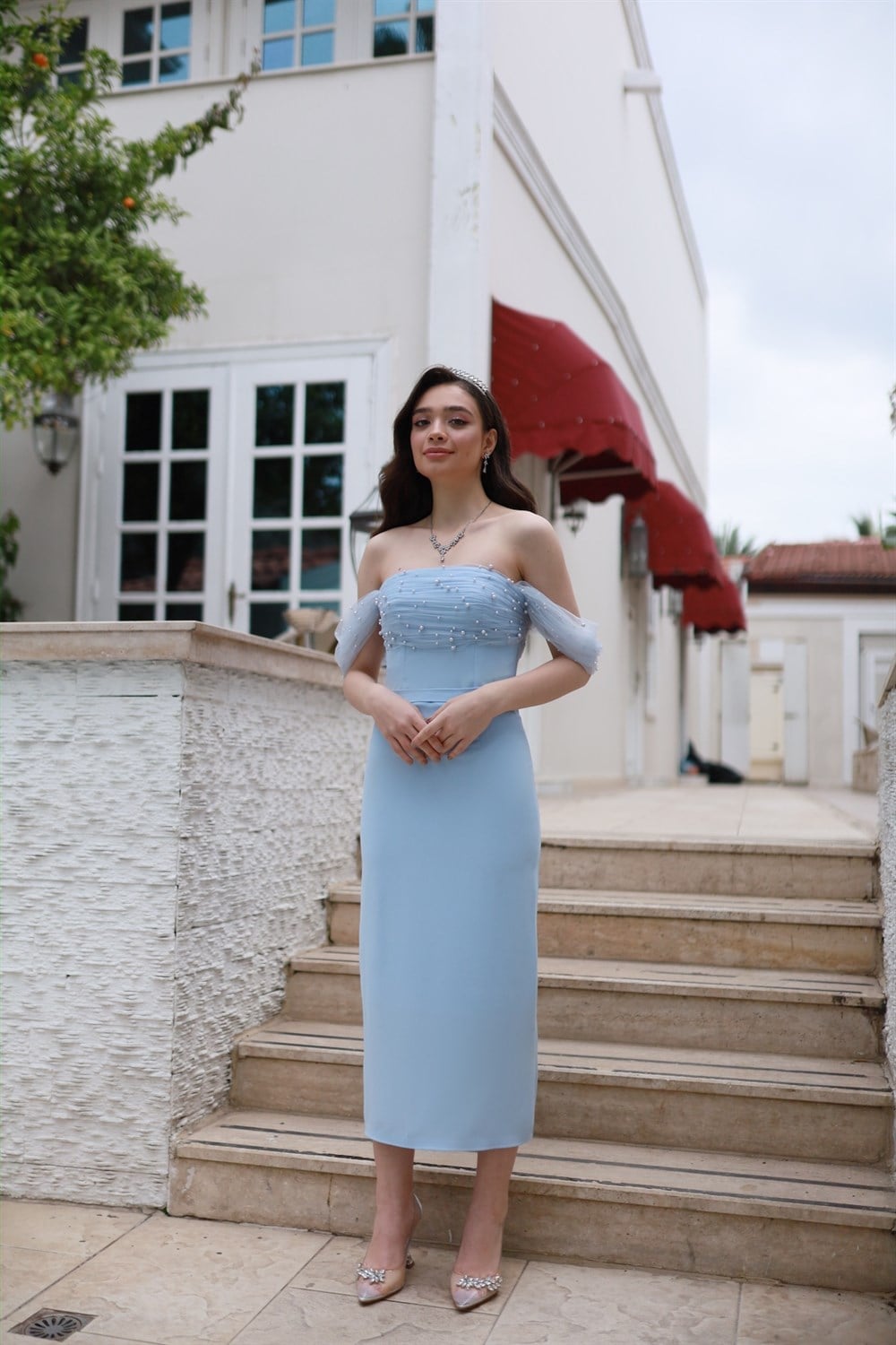 Rozalin İncili Bebek Mavi Özel Tasarım Kalem Abiye Elbise