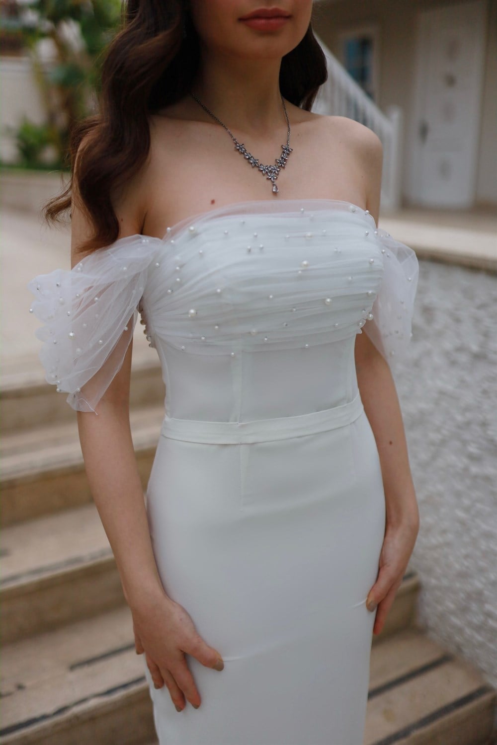 Rozalin Kalem Beyaz İncili Özel Tasarım Nikah Nişan Söz Elbisesi