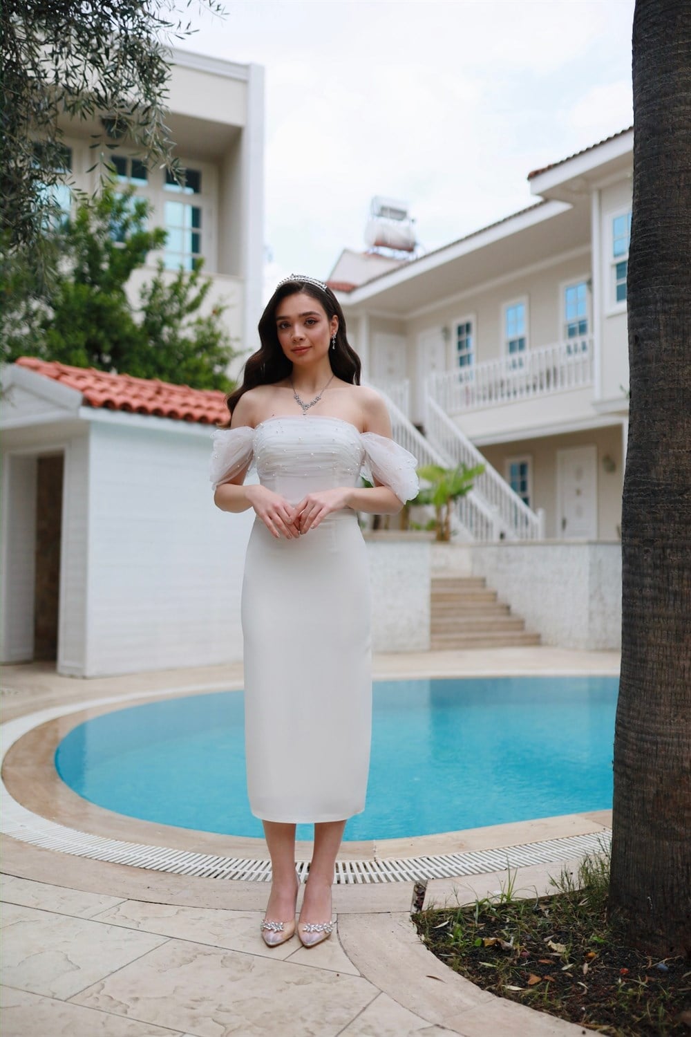 Rozalin Kalem Beyaz İncili Özel Tasarım Nikah Nişan Söz Elbisesi
