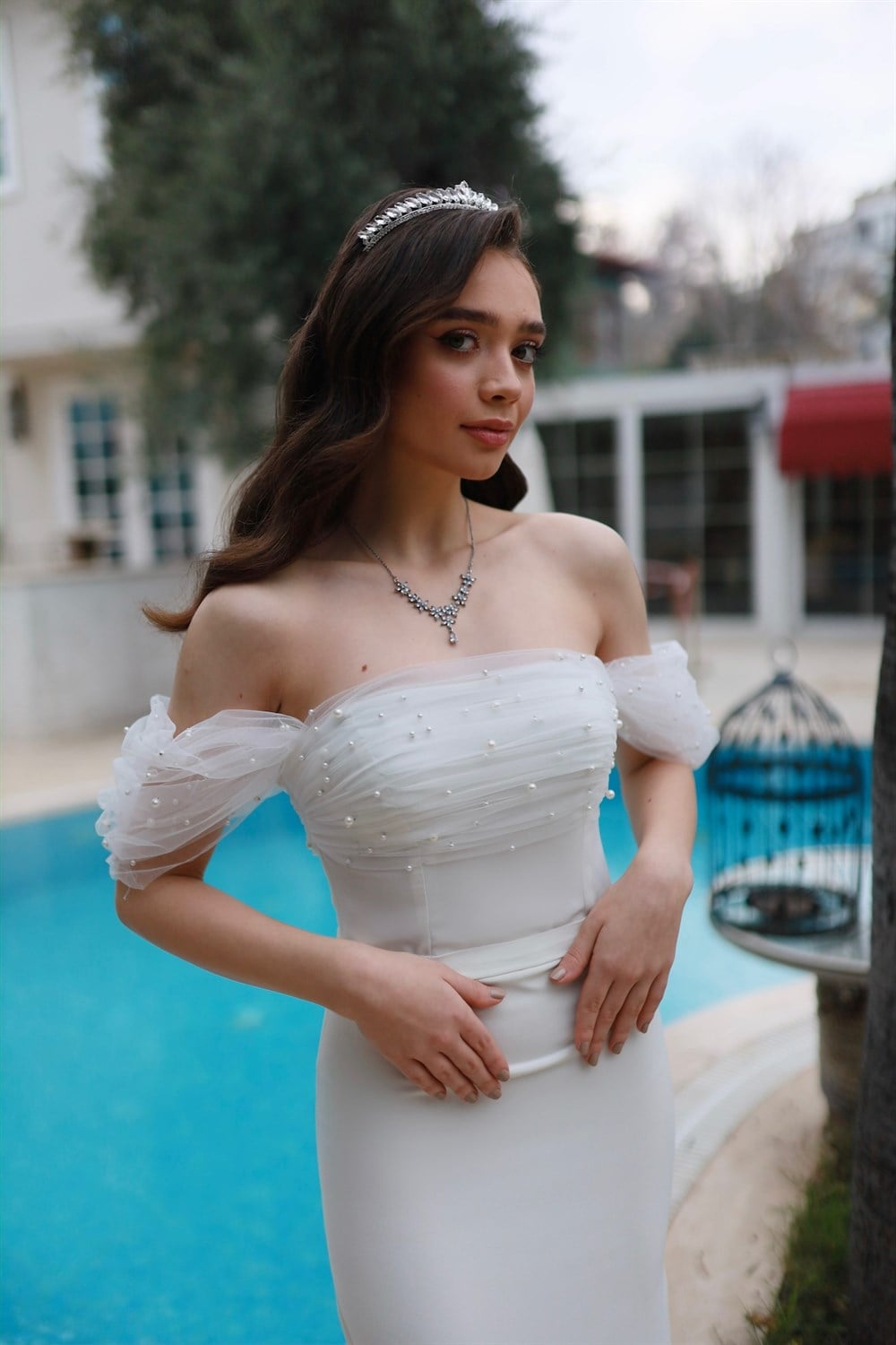 Rozalin Kalem Beyaz İncili Özel Tasarım Nikah Nişan Söz Elbisesi